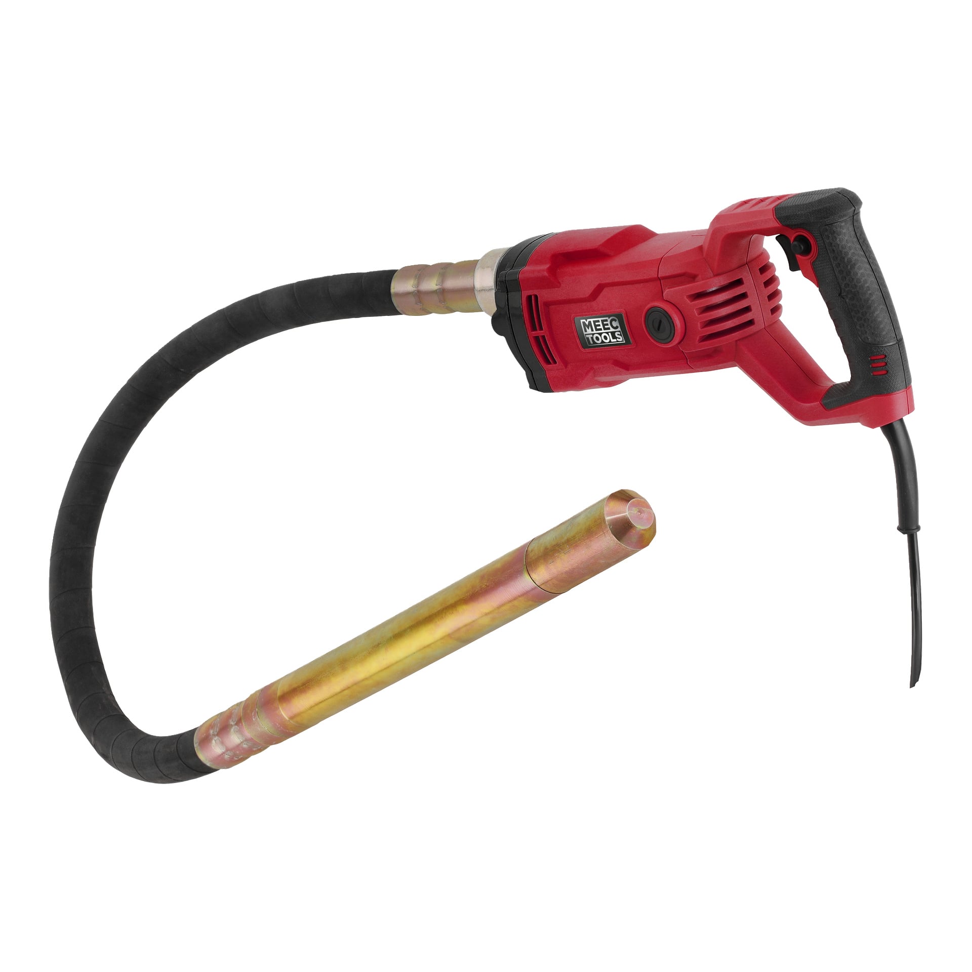 En röd och svart handhållen betongvibrator från Meec Tools med en flexibel svart slang och ett långt, cylindriskt metallhuvud.