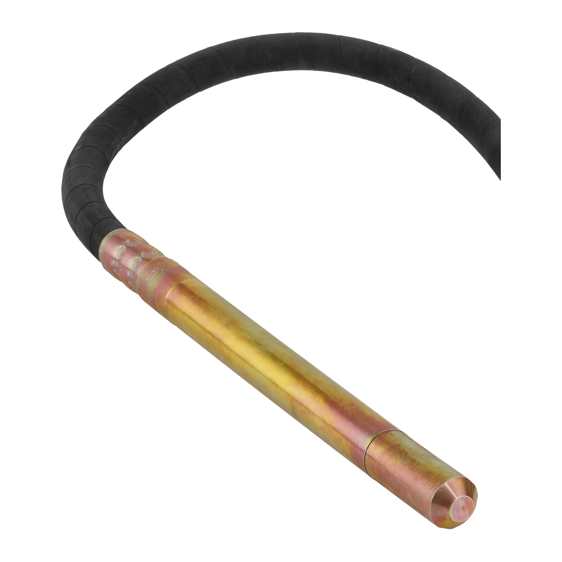 Närbild på Meec Tools handhållna betongvibrator med gul metallskaft och svart flexibel slang, använd för att ta bort luftbubblor.