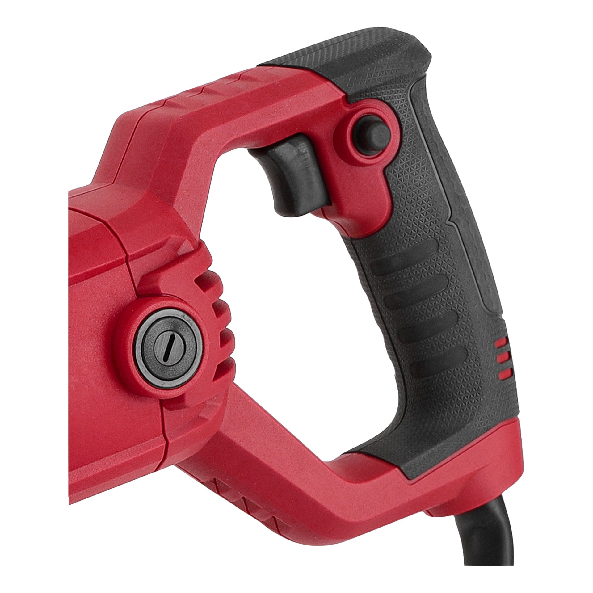 Närbild på ett rött och svart handhållet betongvibratorhandtag från Meec Tools med svart gummigrepp, fingerspår, snöre och avtryckare.