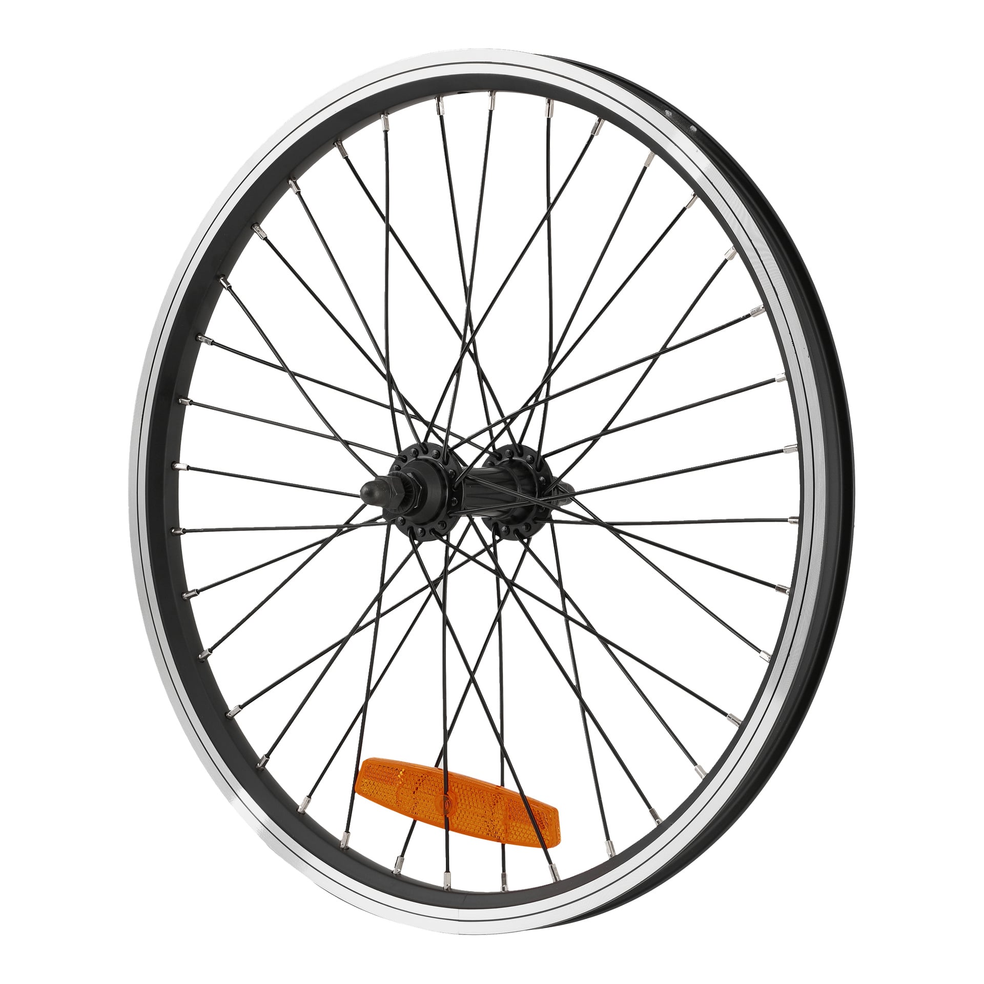 Elcykelns framhjul har svarta ekrar, en silverfärgad fälg, svart nav och en orange reflektor på en eker.
