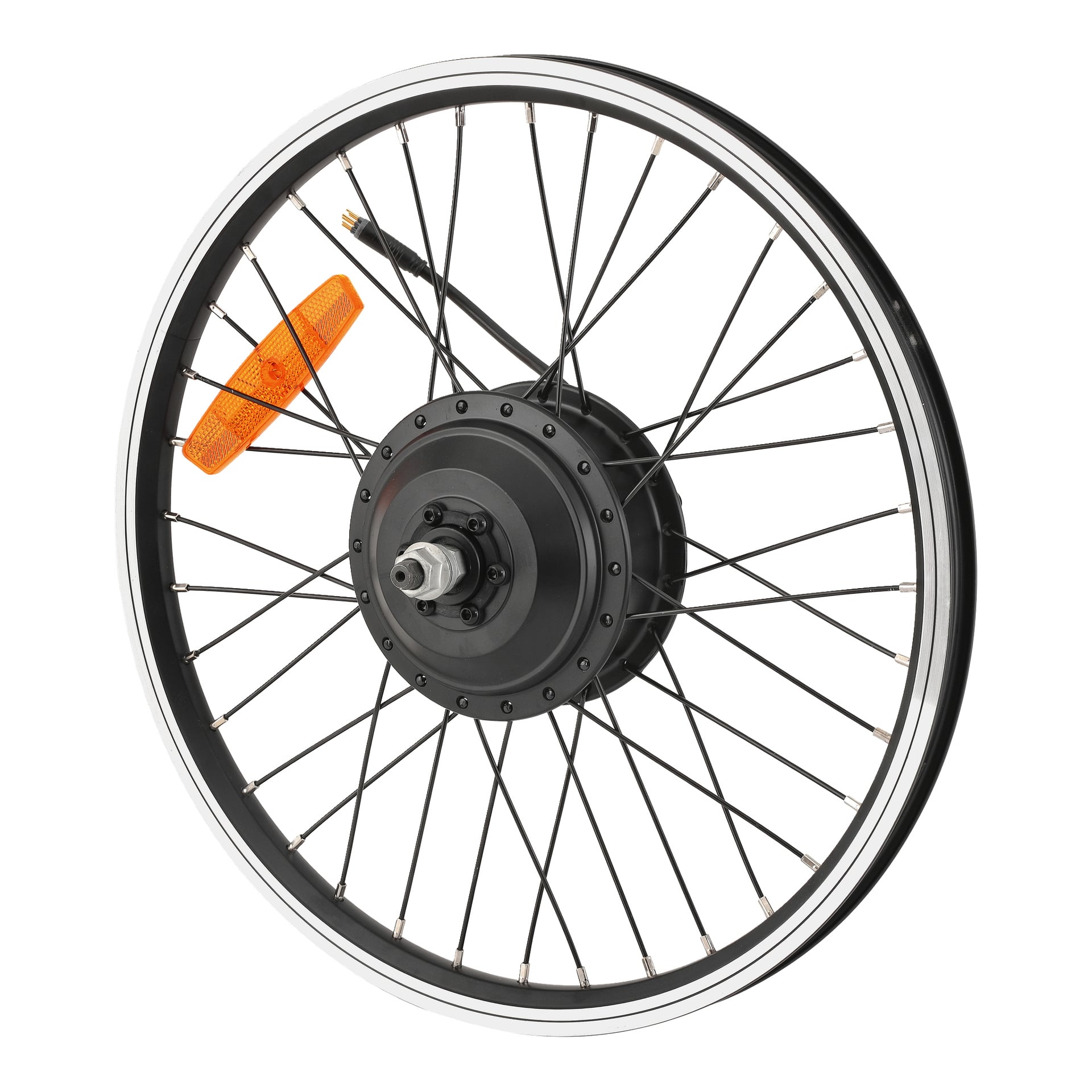 Bakfälg-elcykeln har ett svart ekerhjul, central navmotor, orange ekra reflektor och en synlig däckventilstjälk.