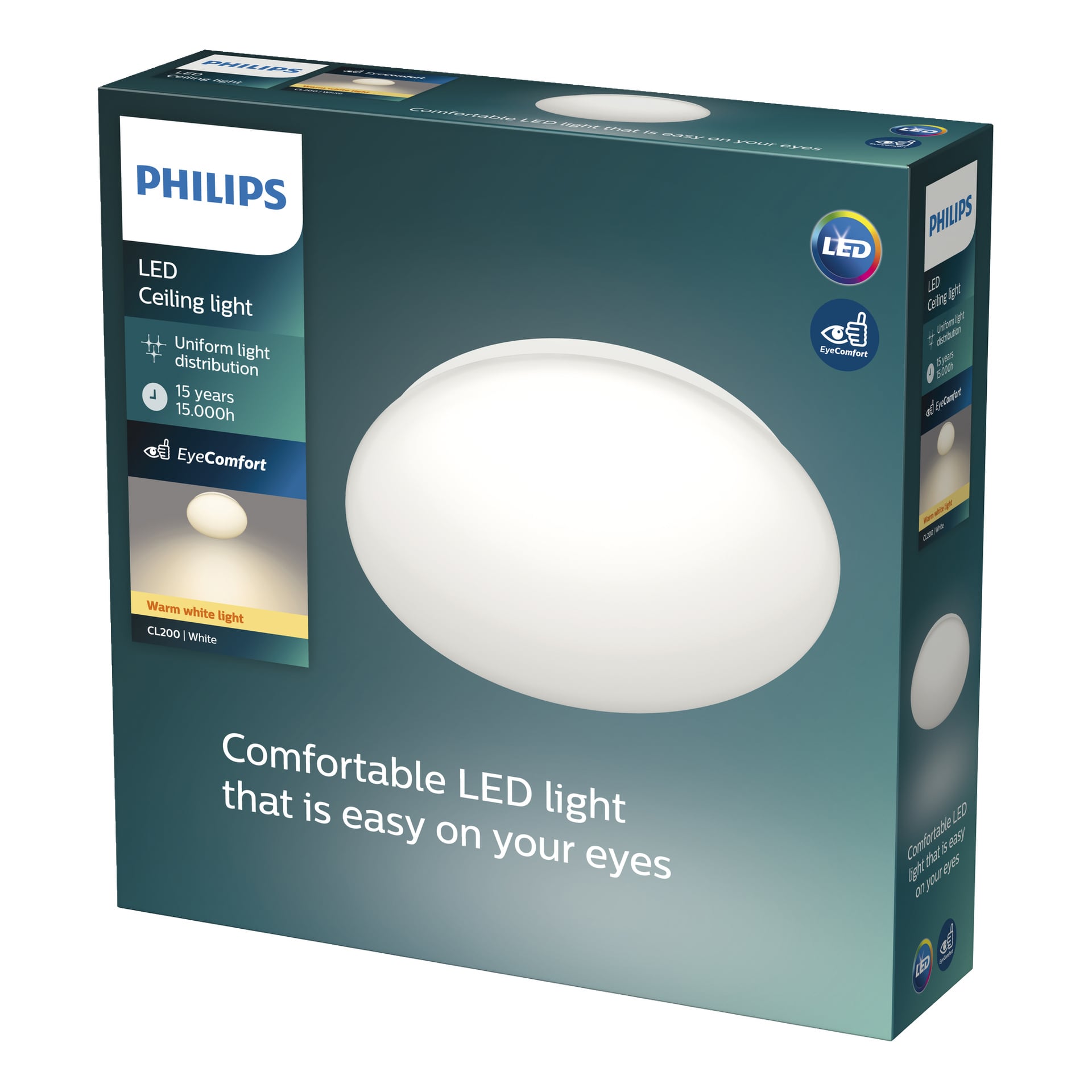 En Philips tak-LED-belysningsbox har rund armatur, vilket framhäver ögonkomfort, 15 års livslängd och mild belysning för ögonen.