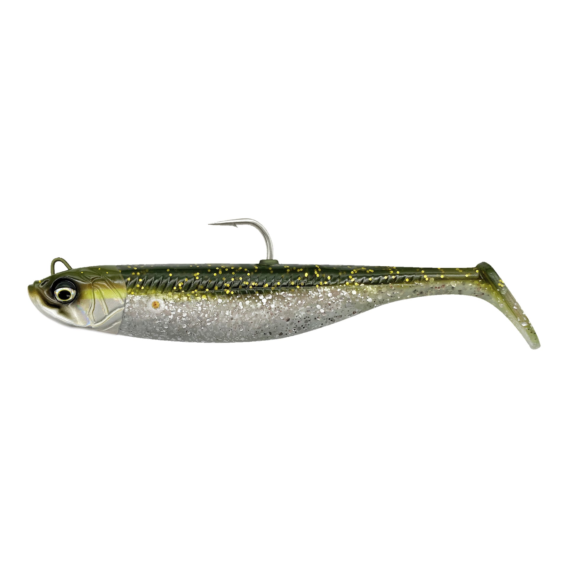 Ett naturtroget fiskebete från Savage Gear Jig, grönt och silver med gula fläckar, paddelstjärt och toppkrok, som liknar en betesfisk.