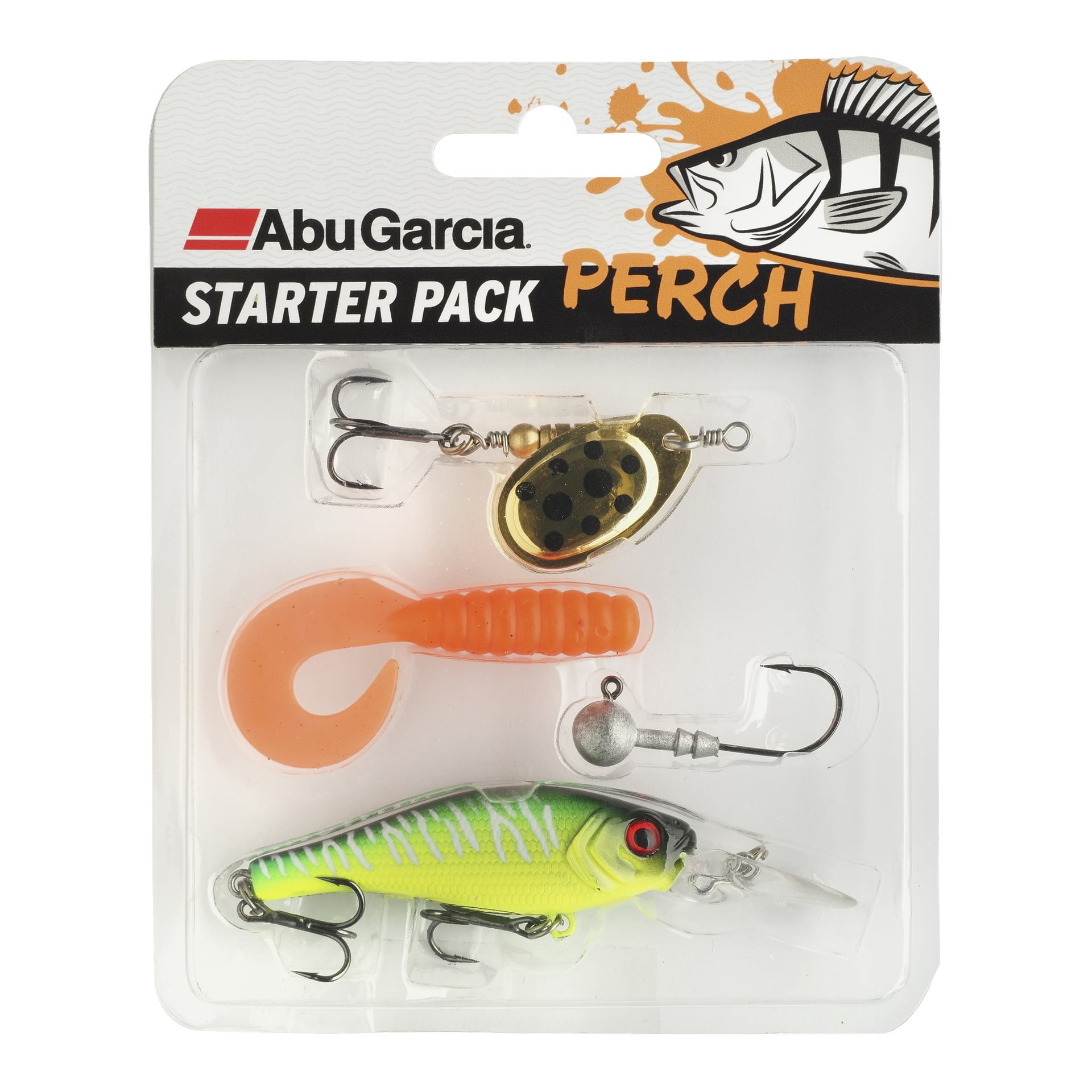 Abu Garcia Starter Pack Abborre innehåller fyra beten: en guld spinner med svarta fläckar, orange larve och grön-gul fiskbete med krokar.