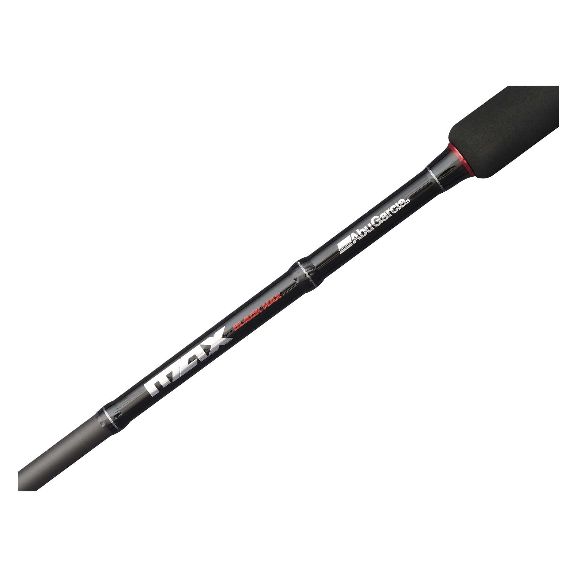 Nærbilde av et Abu Garcia Black Max Combo fiskehjulsett med merke og modellnavn i rødt og hvitt, skumhåndtak øverst til høyre.
