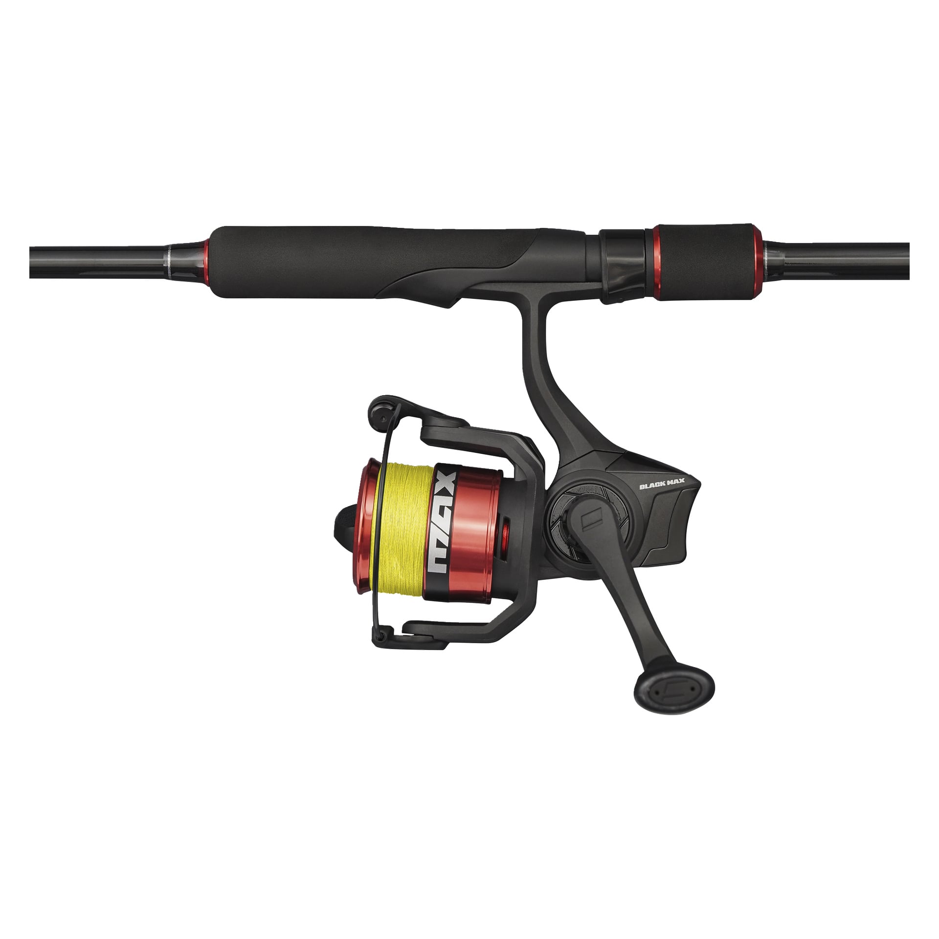 Nærbilde av Abu Garcia Black Max Combo fiskesnelle med svart og rødt håndtak, gul line, på en svart stang med røde detaljer.