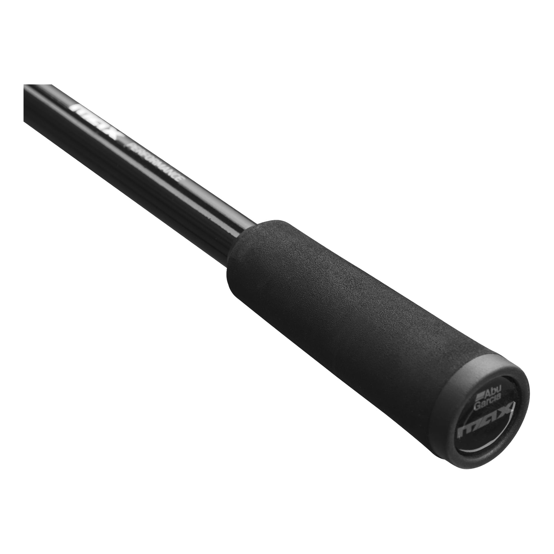 Nærbilde av Abu Garcia Black Max Combo hjulhåndtak, med skumgrep og merkenavnet vist på endehetten.