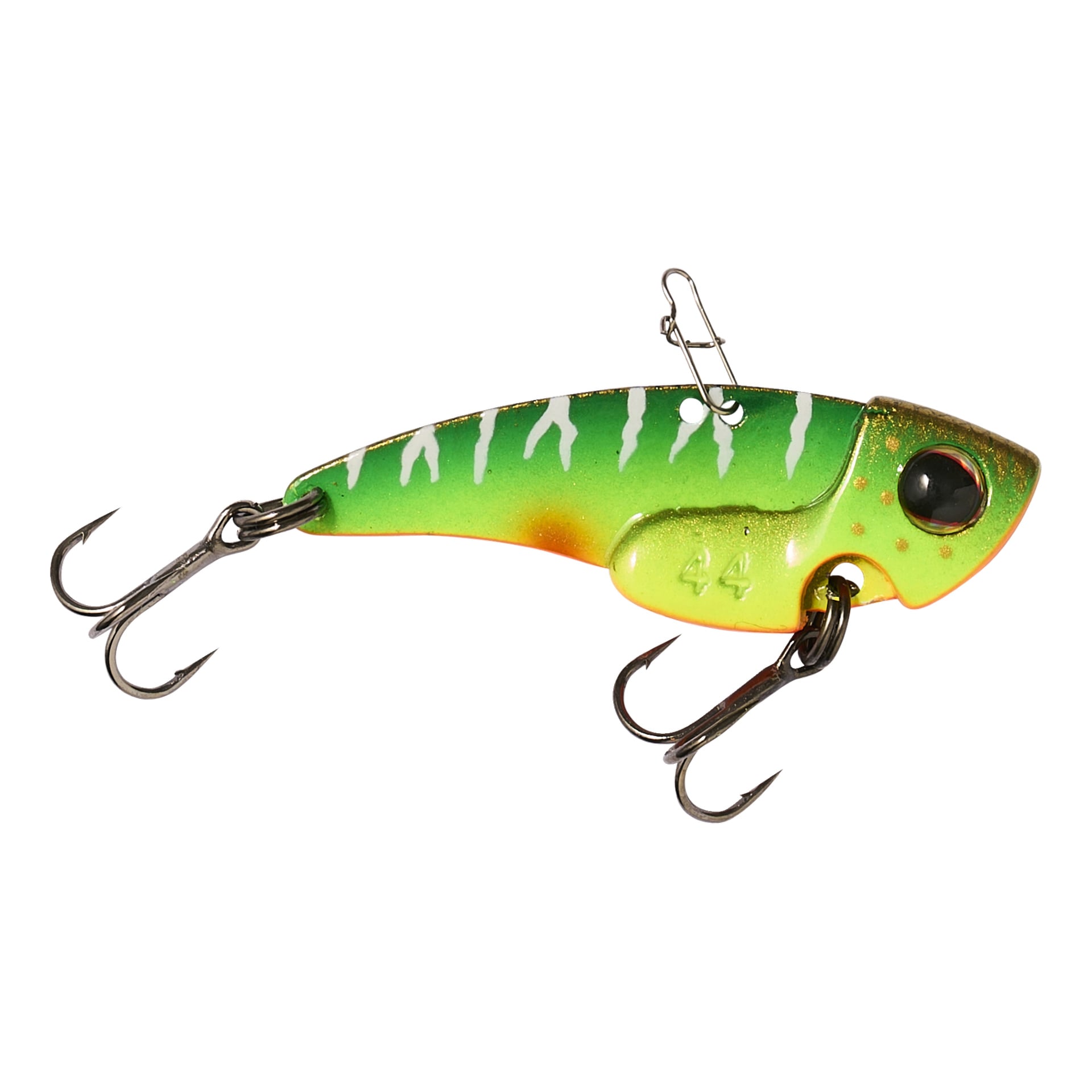 Abu Garcia Vibrating PowerBlade 3 z żywymi zielonymi i żółtymi przynętami, białymi paskami, czarnymi oczami i dwoma hakami na treble.