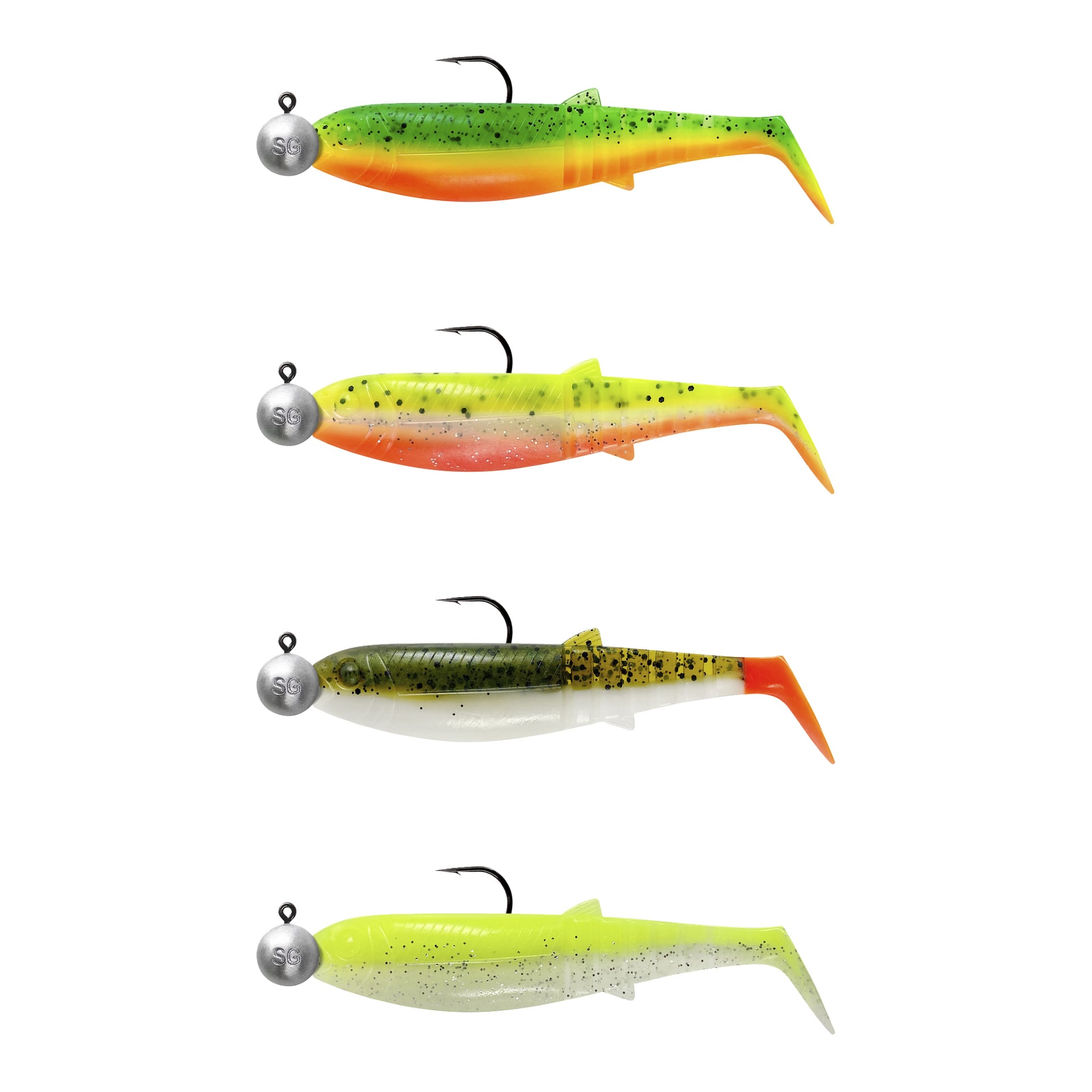 Fyra Savage Gear Cannibal Shad mjuka beten med jigghuvuden, var och en med distinkta blandningar av grönt, orange, gult, svart, vitt och glitter.