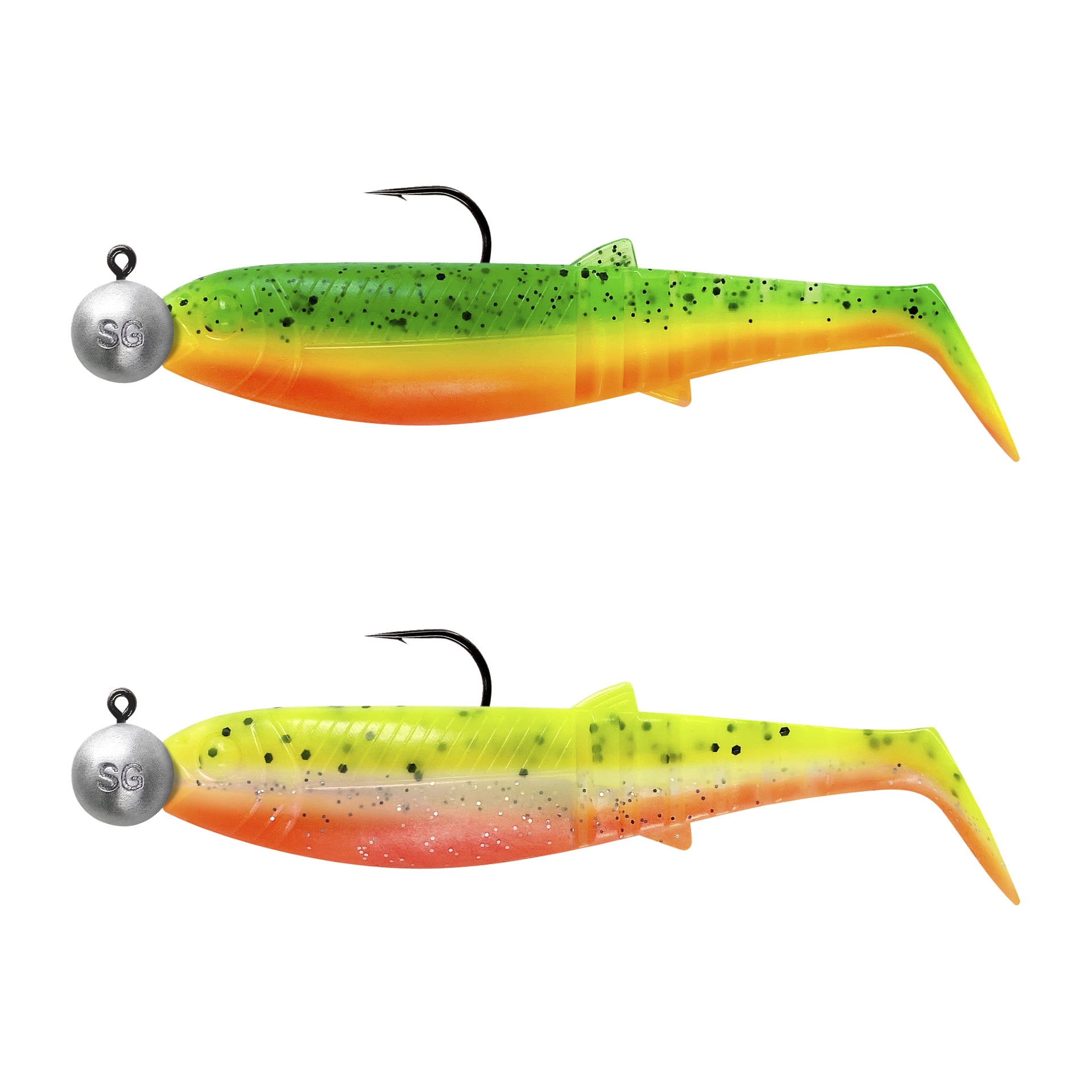 Två Savage Gear Cannibal Shad Mix-beten med jigghuvuden, krokar, grön-gula kroppar, orange undersidor och svarta prickar.