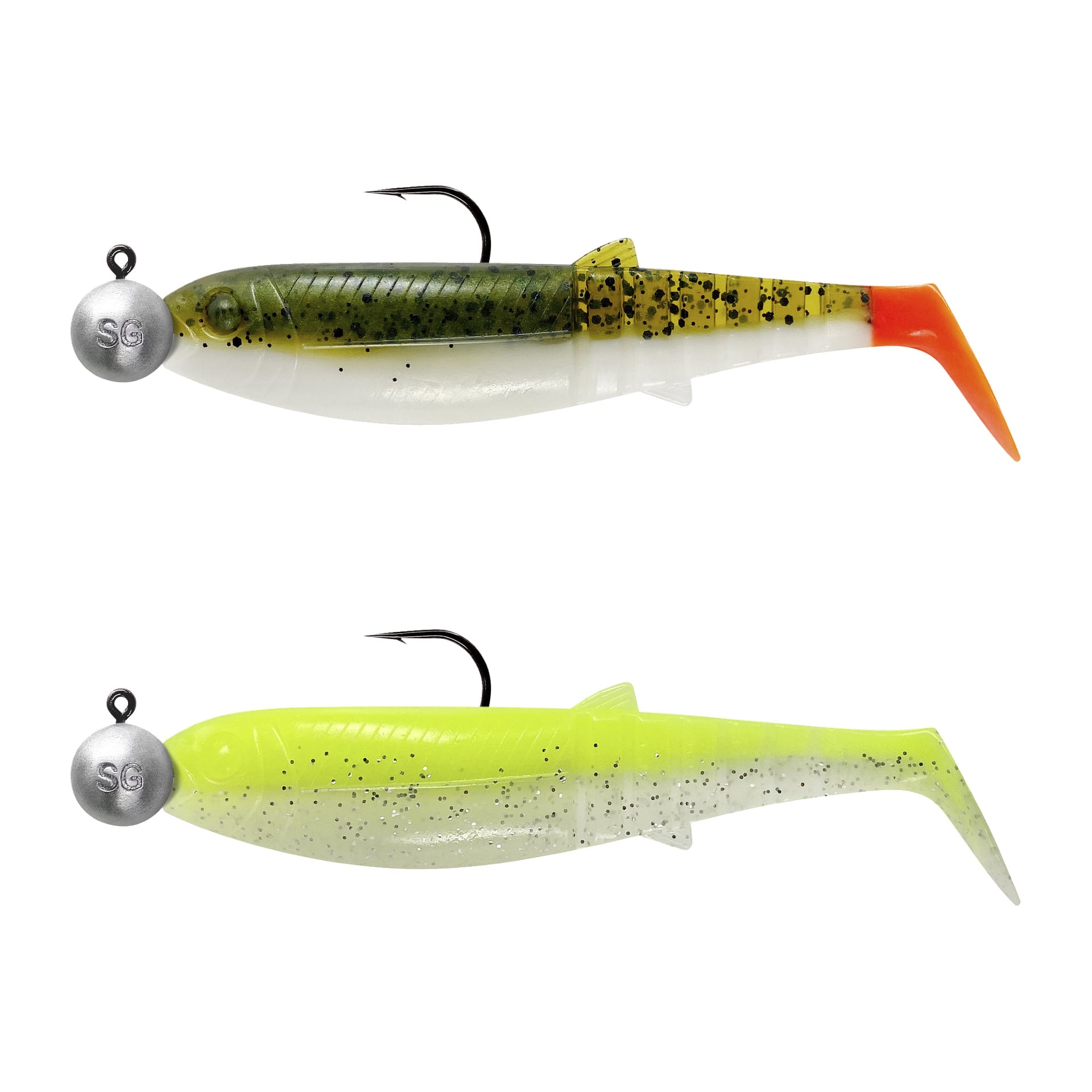 Set av fyra Savage Gear Cannibal Shad-mjuka beten med jigghuvuden; inkluderar gröna/vita och gulgröna/vita mönster, båda prickiga.
