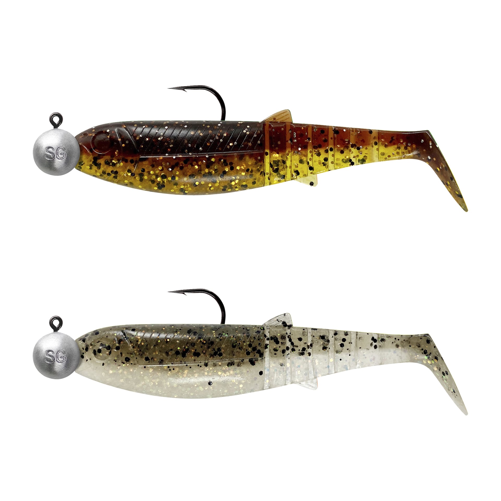Savage Gear Cannibal Shad Mix 4-pack: två mjuka beten med krokar, ett brunt/gult fläckigt och ett vit/grått fläckigt.