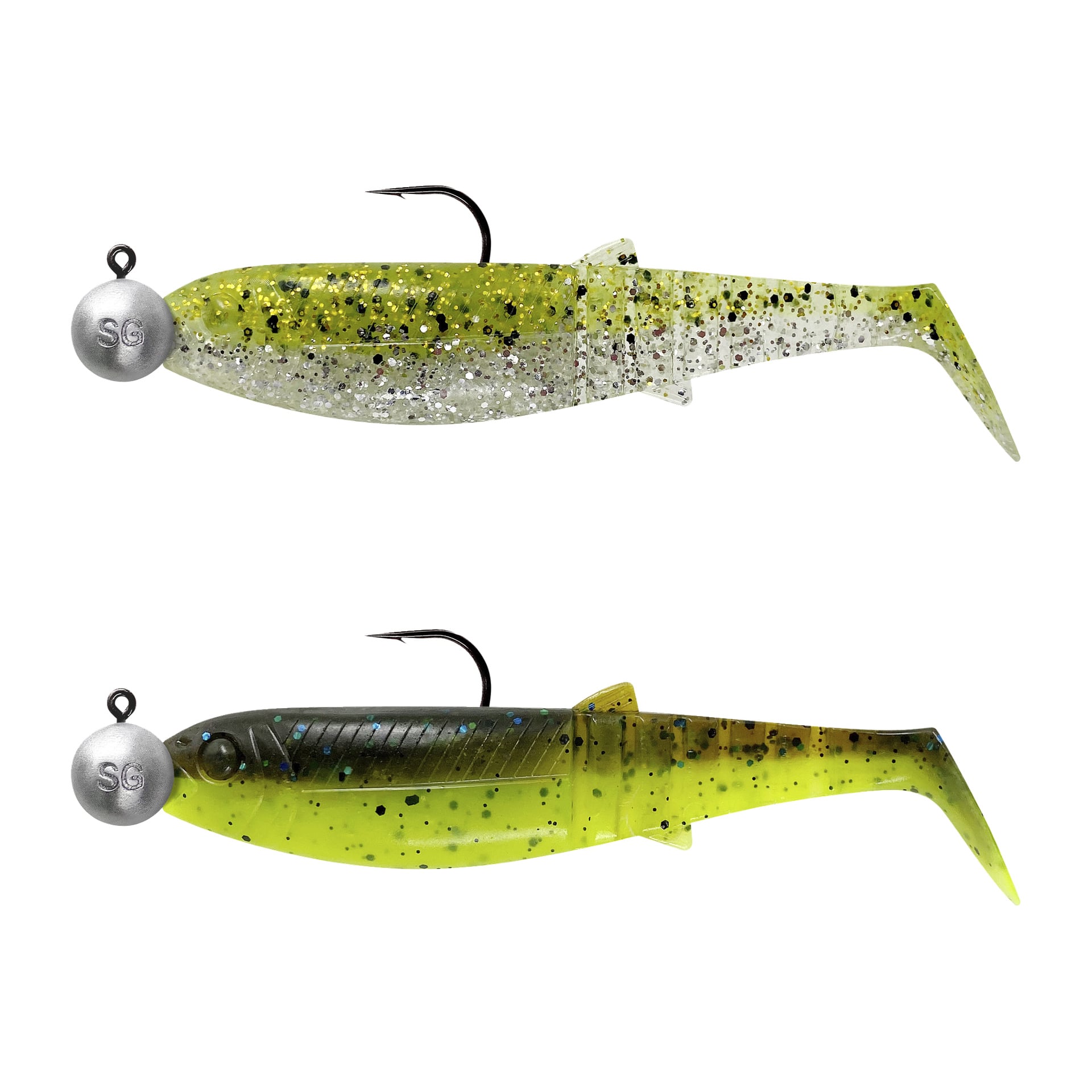 Två grönaktig-gula Savage Gear Cannibal Shad-beten med svarta och silverfärgade prickar, sida vid sida, var och en med unika markeringar.