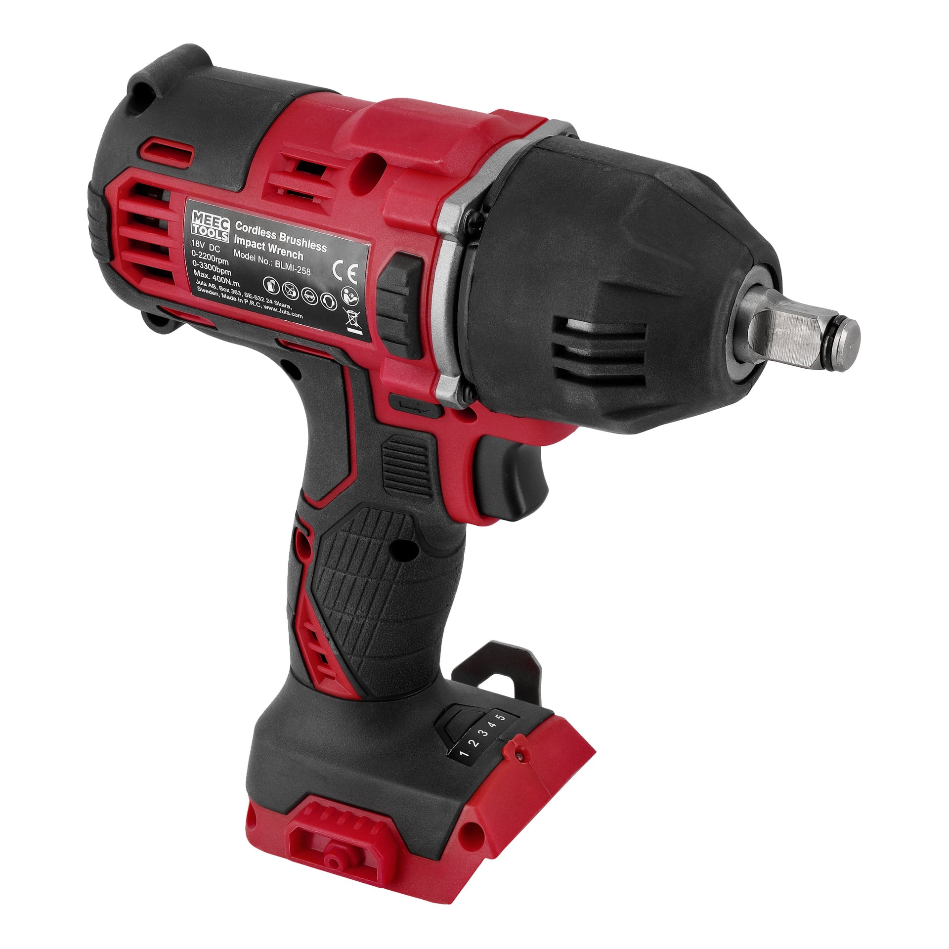 Rød og svart Meec Tools Multiseries trådløs slagnøkkel, børsteløs, teksturert grep, avtrekker, sideetikett; Ingen batteri tilkoblet.