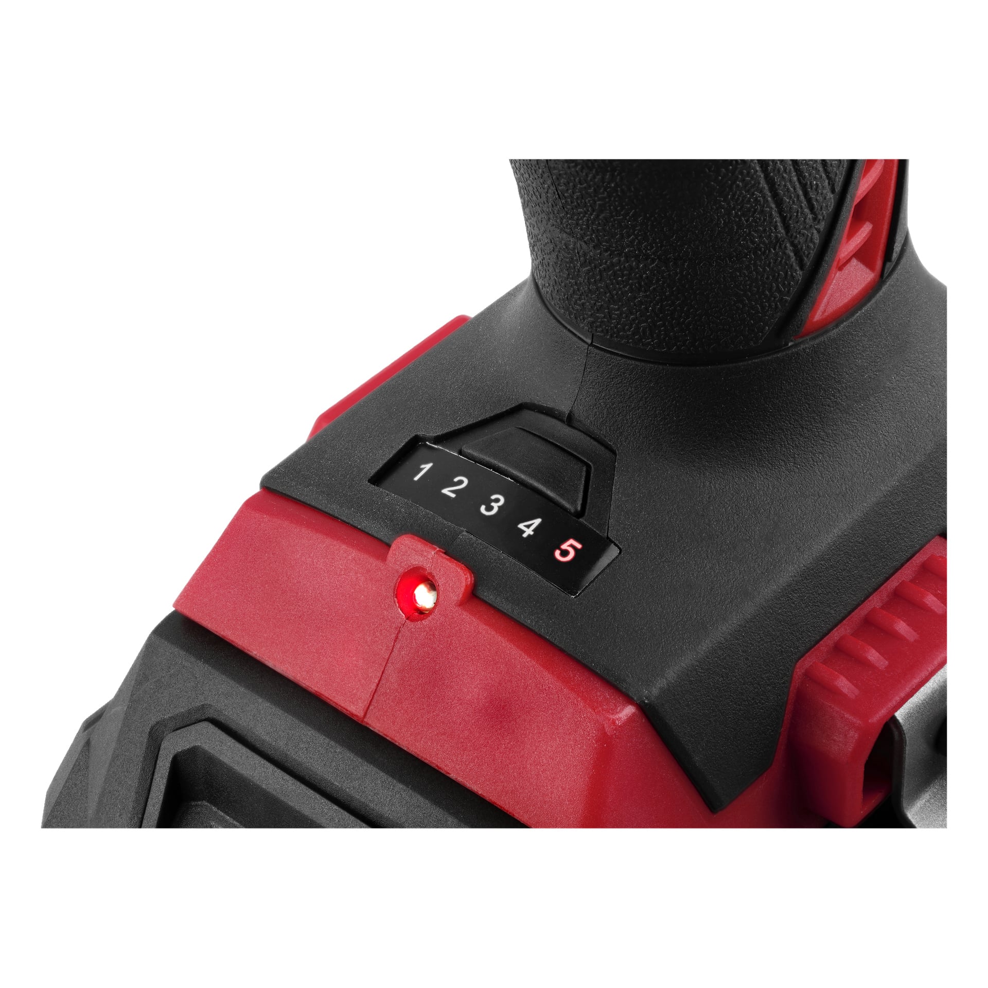 Nærbilde av Meec Tools Multiseries GARAGE PACK 6-delt sett: svart og rødt håndtak, skive med innstillinger 1–5, rød indikatorlampe.