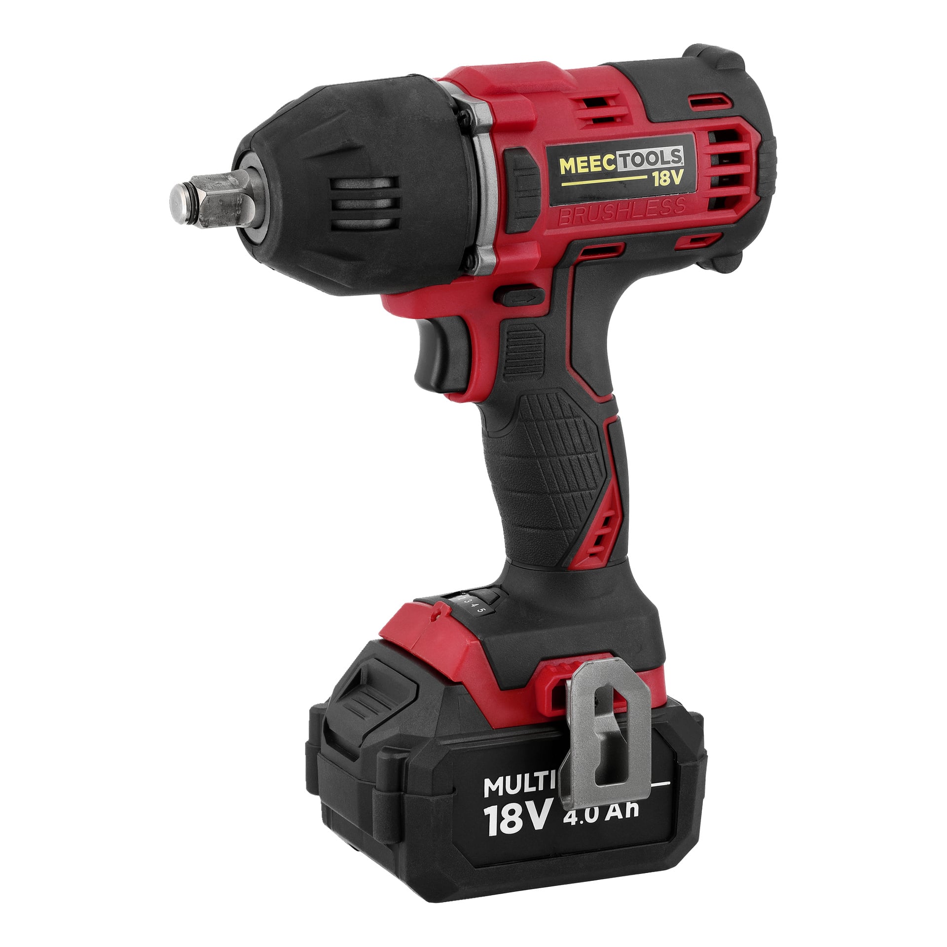Rød og svart Meec Tools trådløs slagtang med 18V 4,0 Ah batteri, metallbeltekrok og merke på siden.