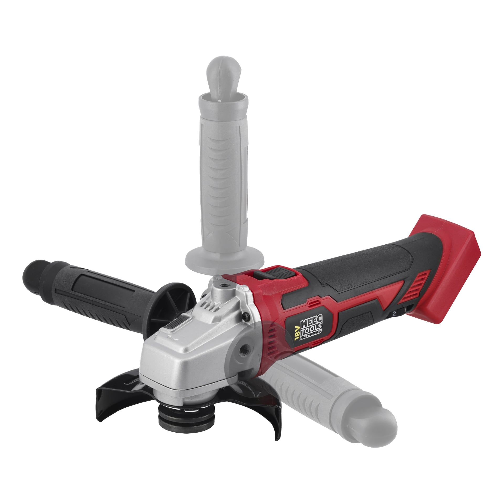Meec Tools Garage Pack 6-delt sett med rød og svart trådløs vinkelsliper, sølvfarget hode og justerbart sidehåndtak i 3 farger.