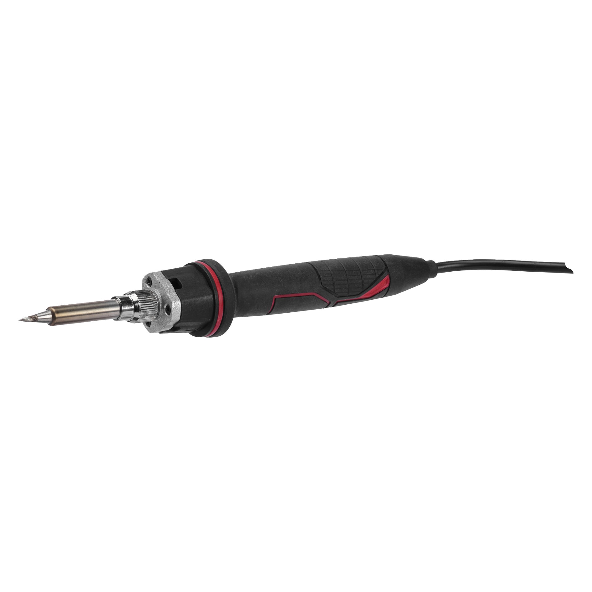 Nærbilde av Meec Tools Multiseries Garage Kit GARAGE PACK 6 som viser en svart og rød elektrisk loddebolt med metallspiss og ledning.