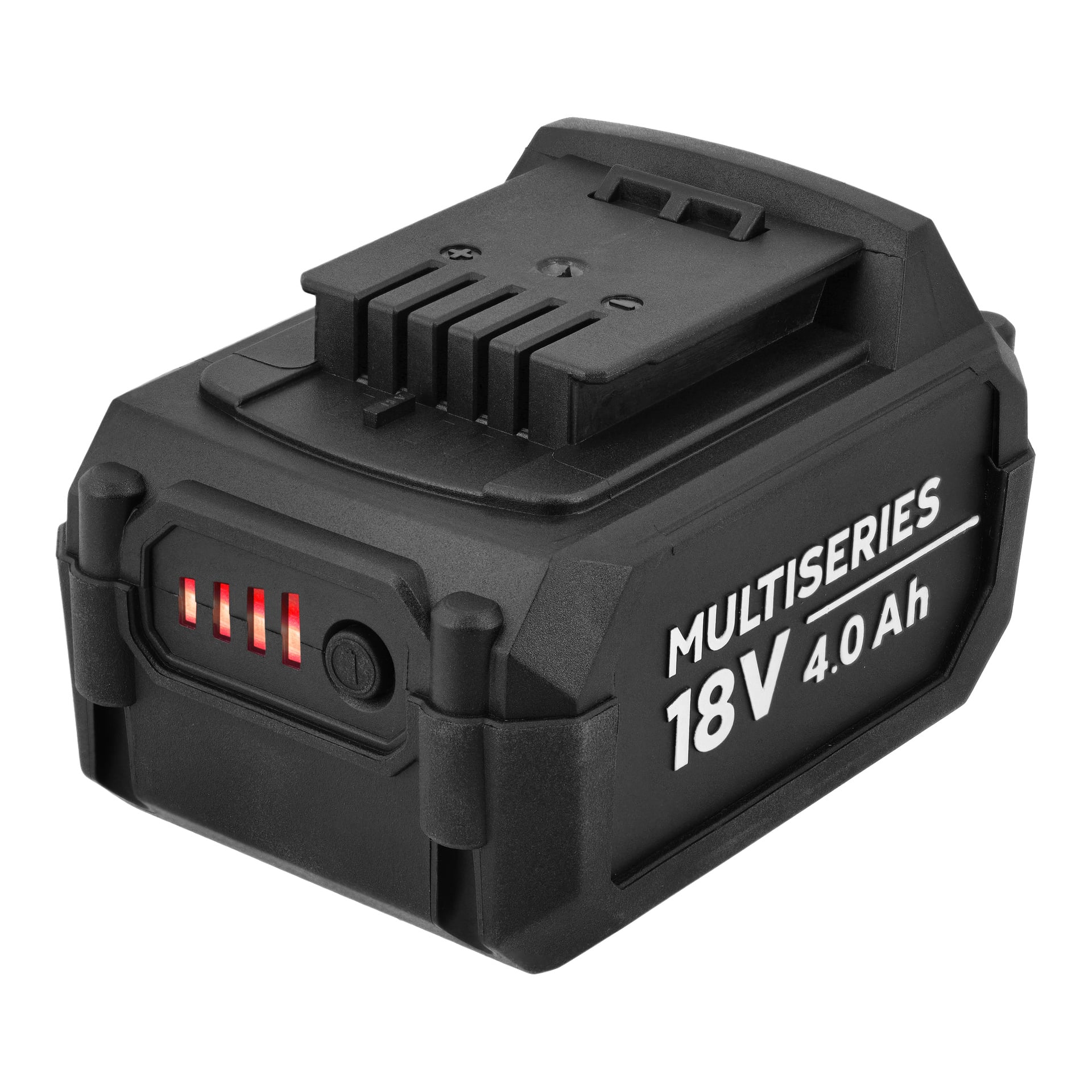 Black Meec Tools Multiseries GARAGE PACK 6-delt oppladbart elektrisk verktøybatteri, "18V 4.0 Ah," med fire røde lys og toppterminaler.