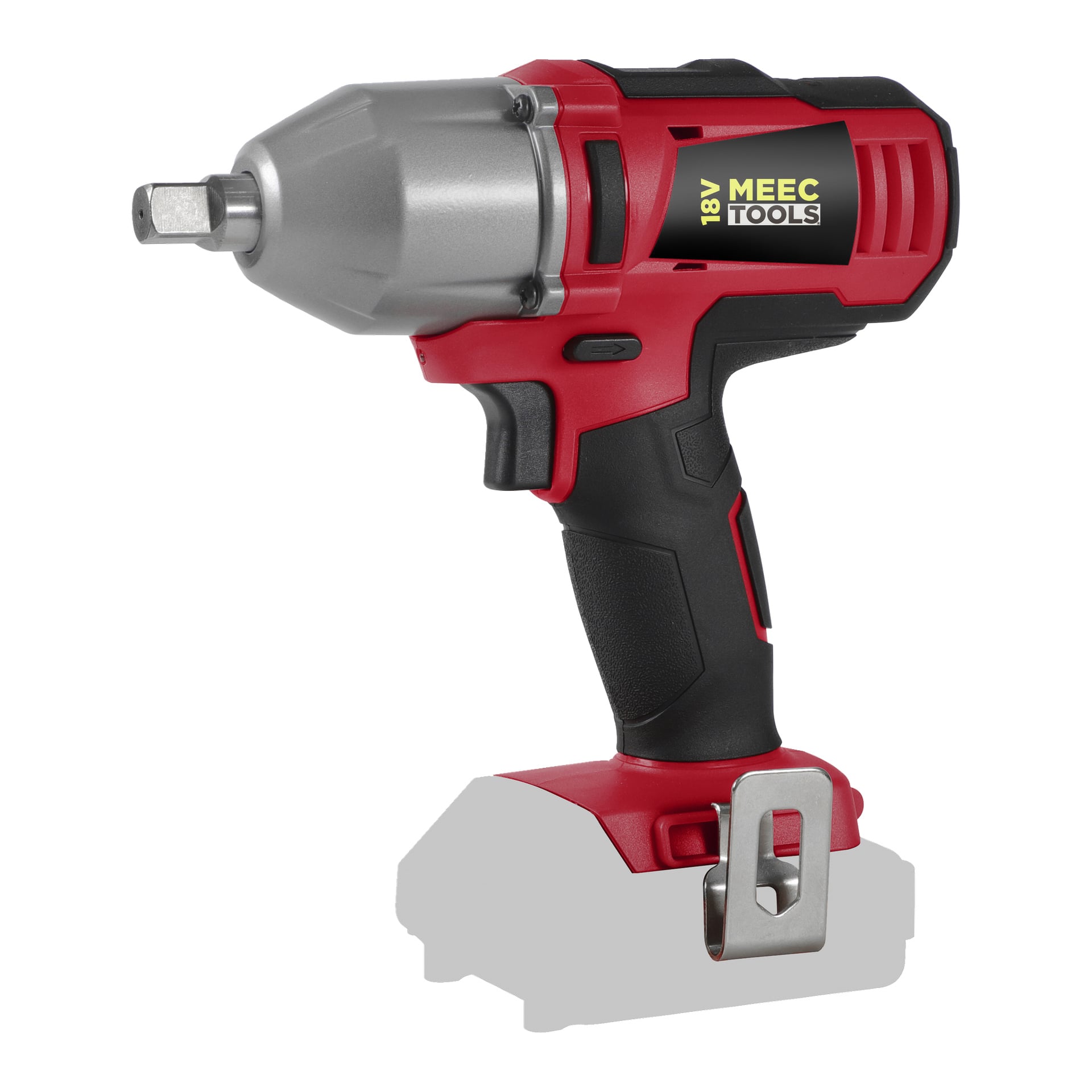 En röd och svart Meec Tools IW-18V EASY 100 trådlös slagnyckel med silverhuvud, metallbältesklämma och inget batteri monterat.