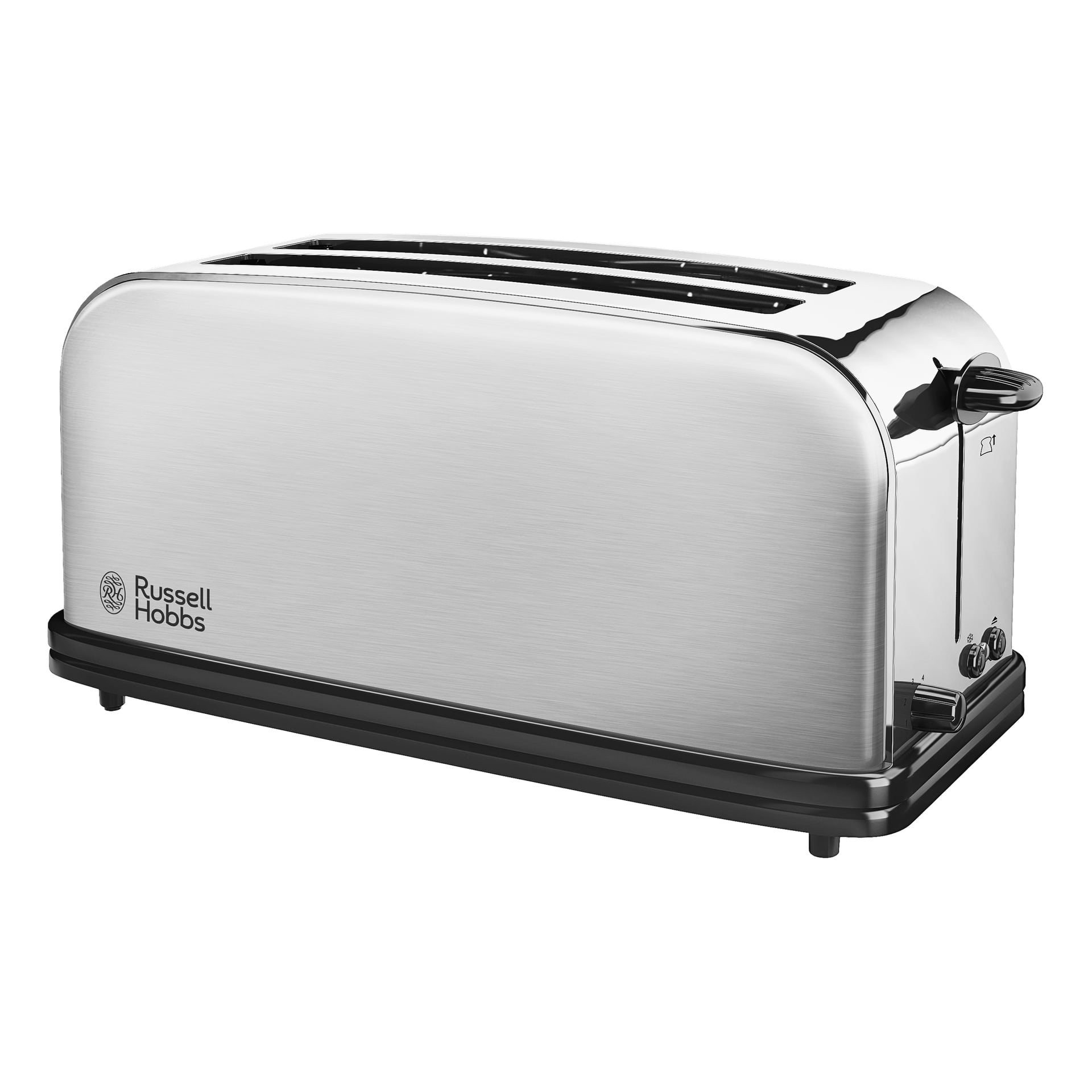Slank Russell Hobbs Adventure 4-skives brødrister med rustfritt stålkarosseri, svart base, spak på høyre side og kontroller, synlig logo.