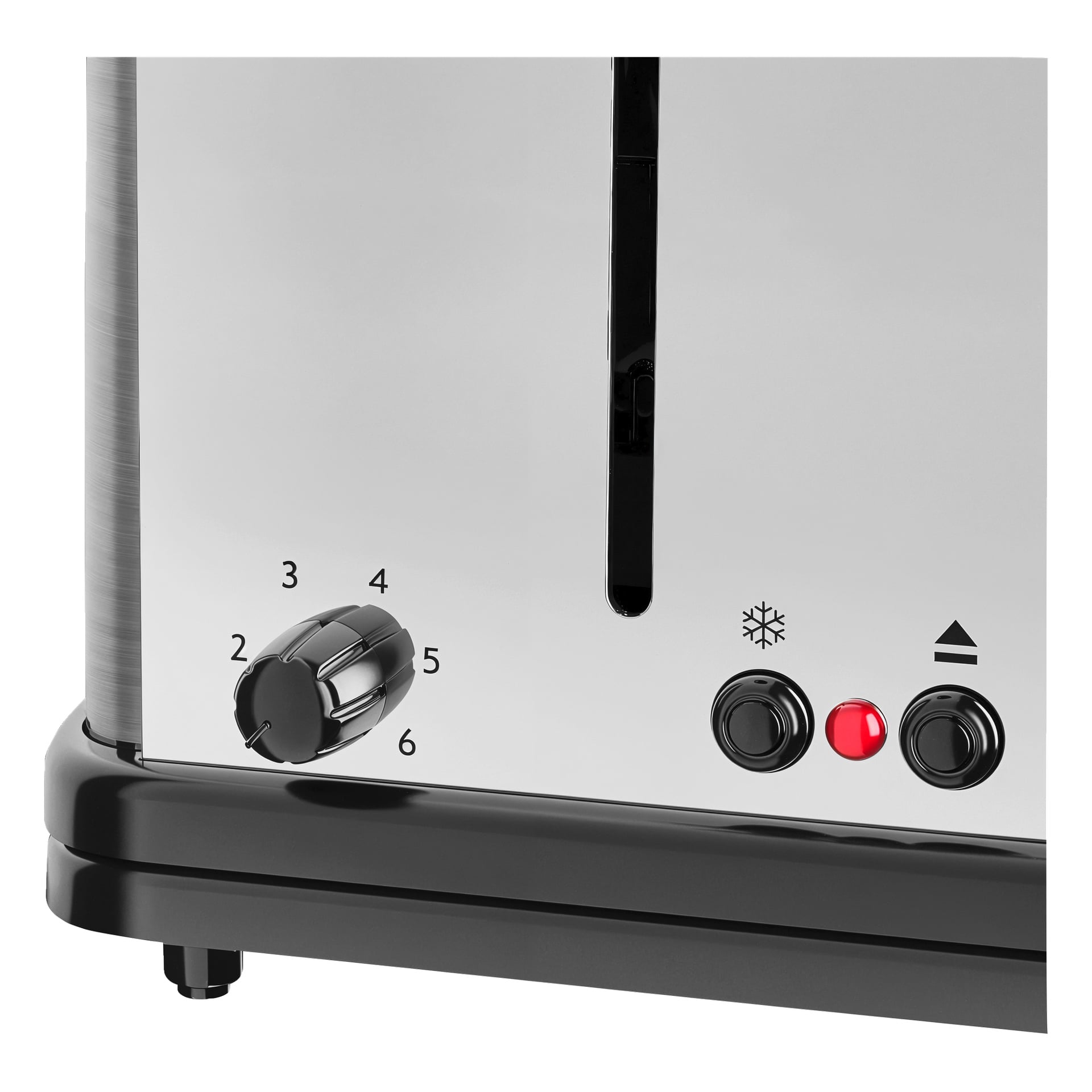 Russell Hobbs 4-skives brødrister med skive (1–6), snøfnugg og trekantknapper, rødt lys, rustfritt stål og svart design.