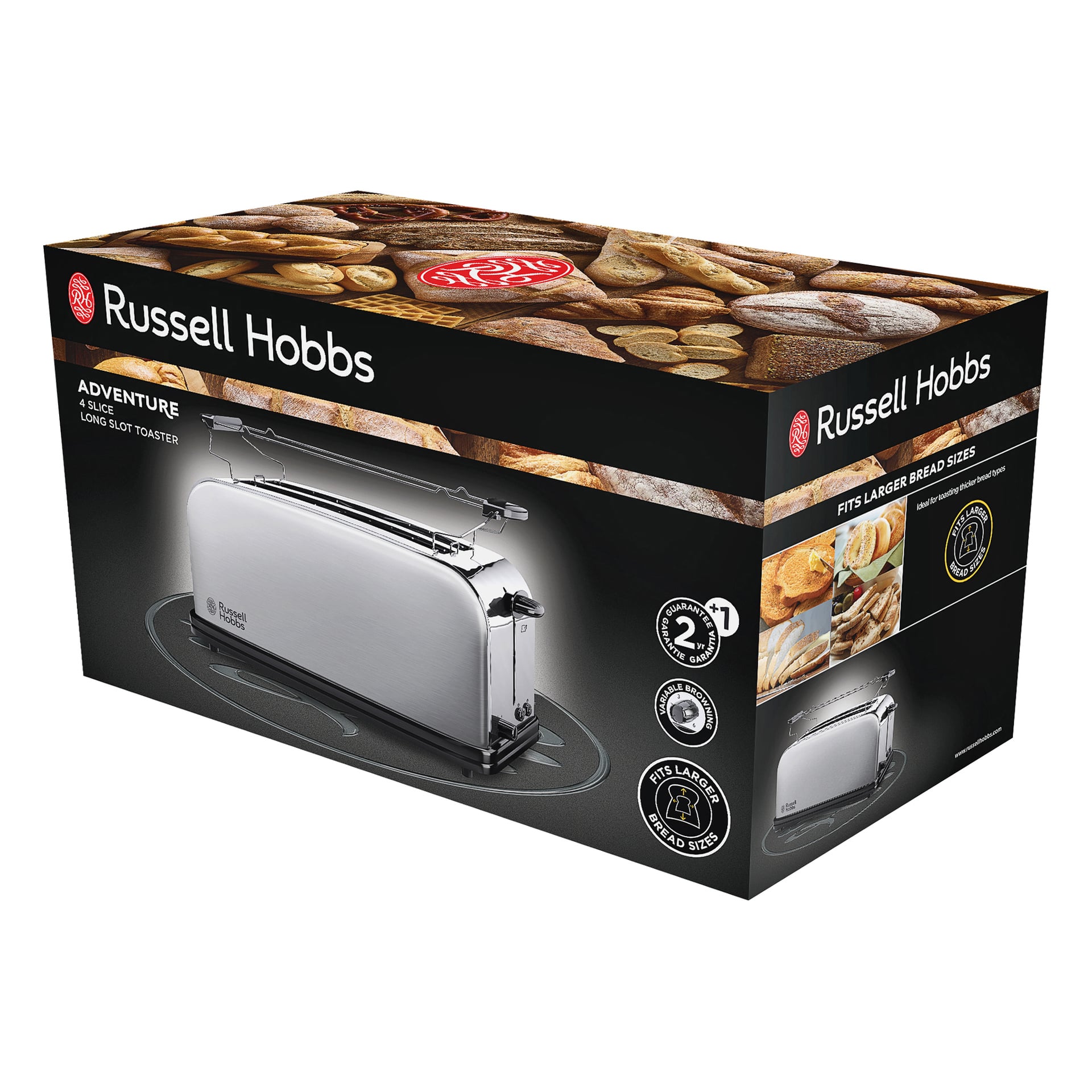 Russell Hobbs 4-skives toaster Adventure-boks viser brød, fremhever funksjoner og fremmer passform for større skiver.