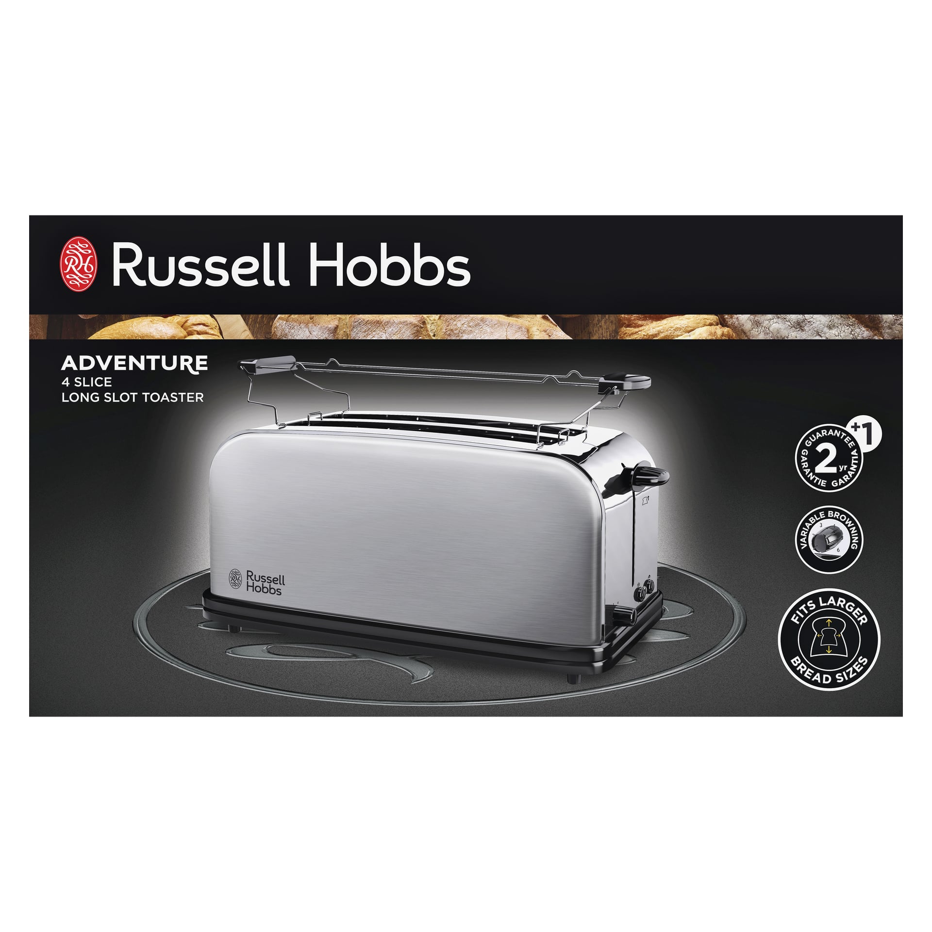 Russell Hobbs Adventure 4-skives brødristeren vises med reklamefunksjoner: 2 års garanti, bruningskontroll, store spor.
