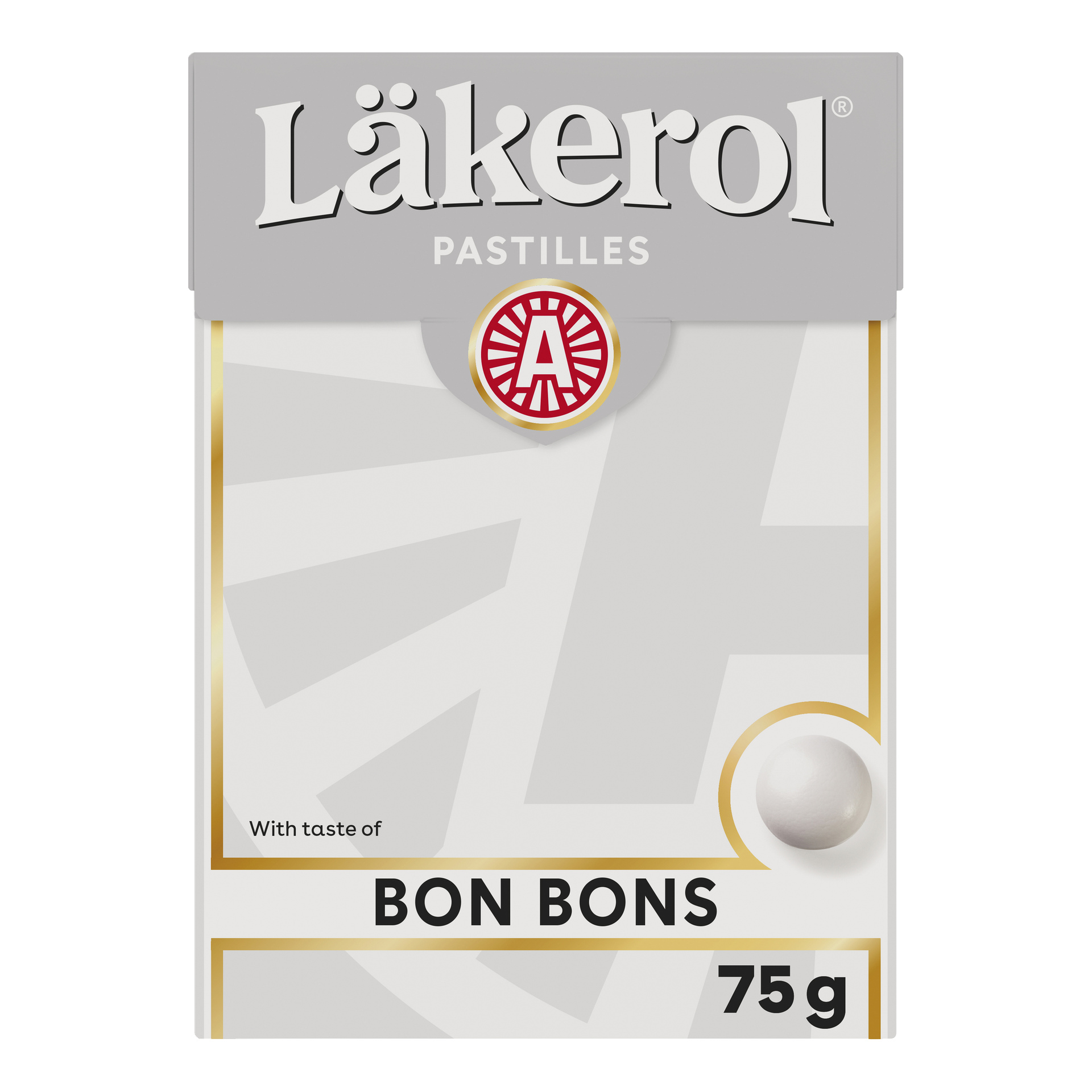 75g Läkerol Bon Bons Big Pack med hovedsakelig hvit emballasje, grå og gull detaljer, og vekten vist nederst til høyre.