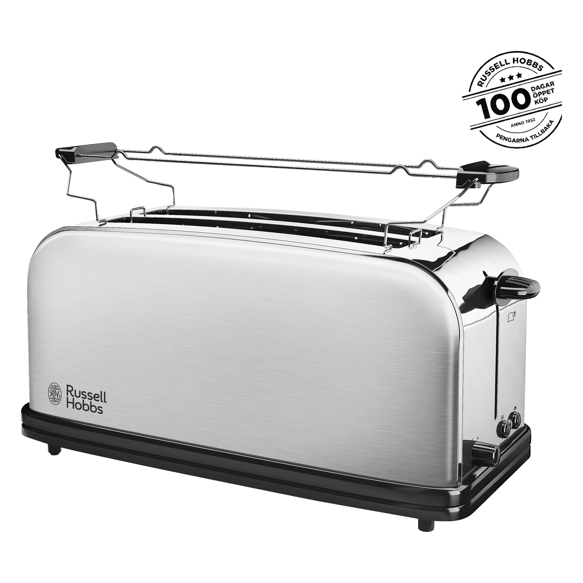 Russell Hobbs Adventure 4-skives brødrister med rustfritt stålfinish, doble spor, toppvarmestativ, sidekontroller og garantimerke.