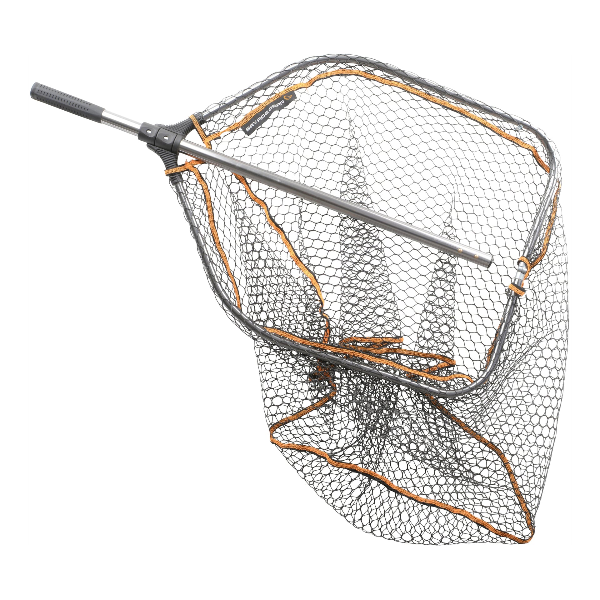 Savage Gear Folding Landing Net z metalową rączką i czarną siatką obszytą pomarańczowo, pokazana z góry.