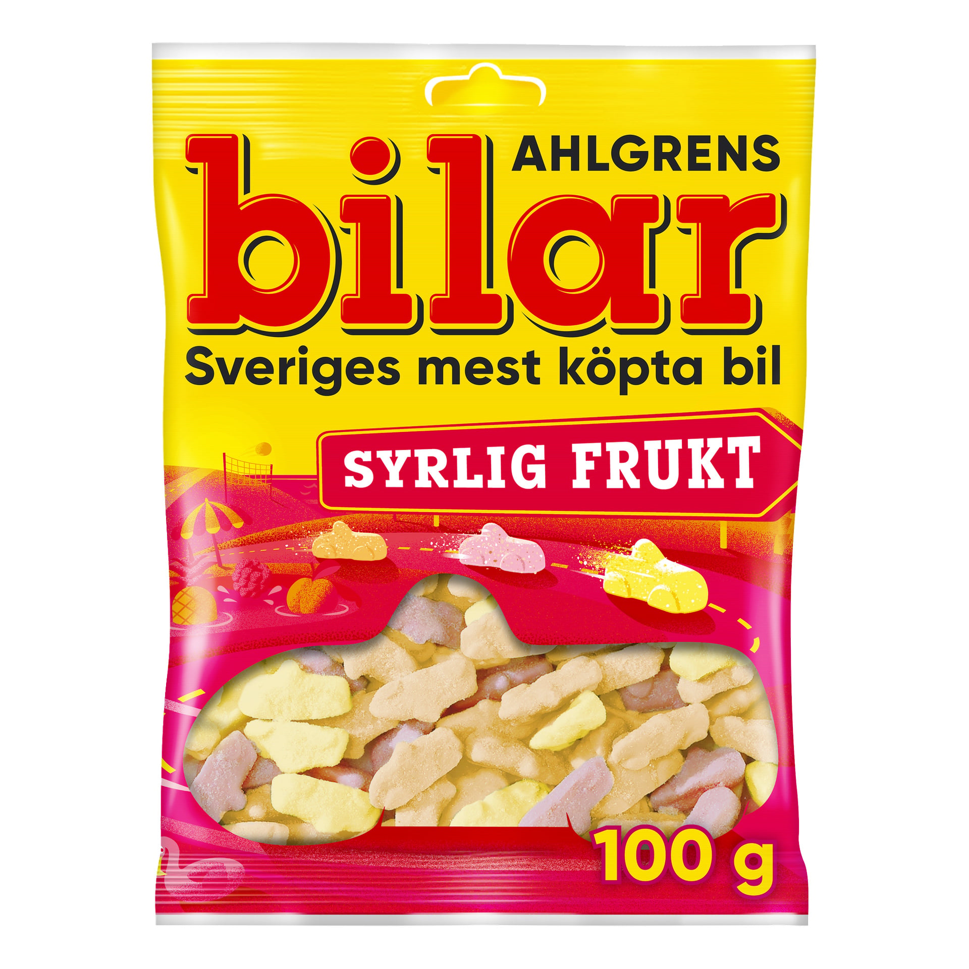Ahlgrens Bilar Sour Fruit 100g viser pastellfargede bilformede godterier gjennom et klart vindu på gul og rød emballasje merket "Sveriges mest köpta bil."