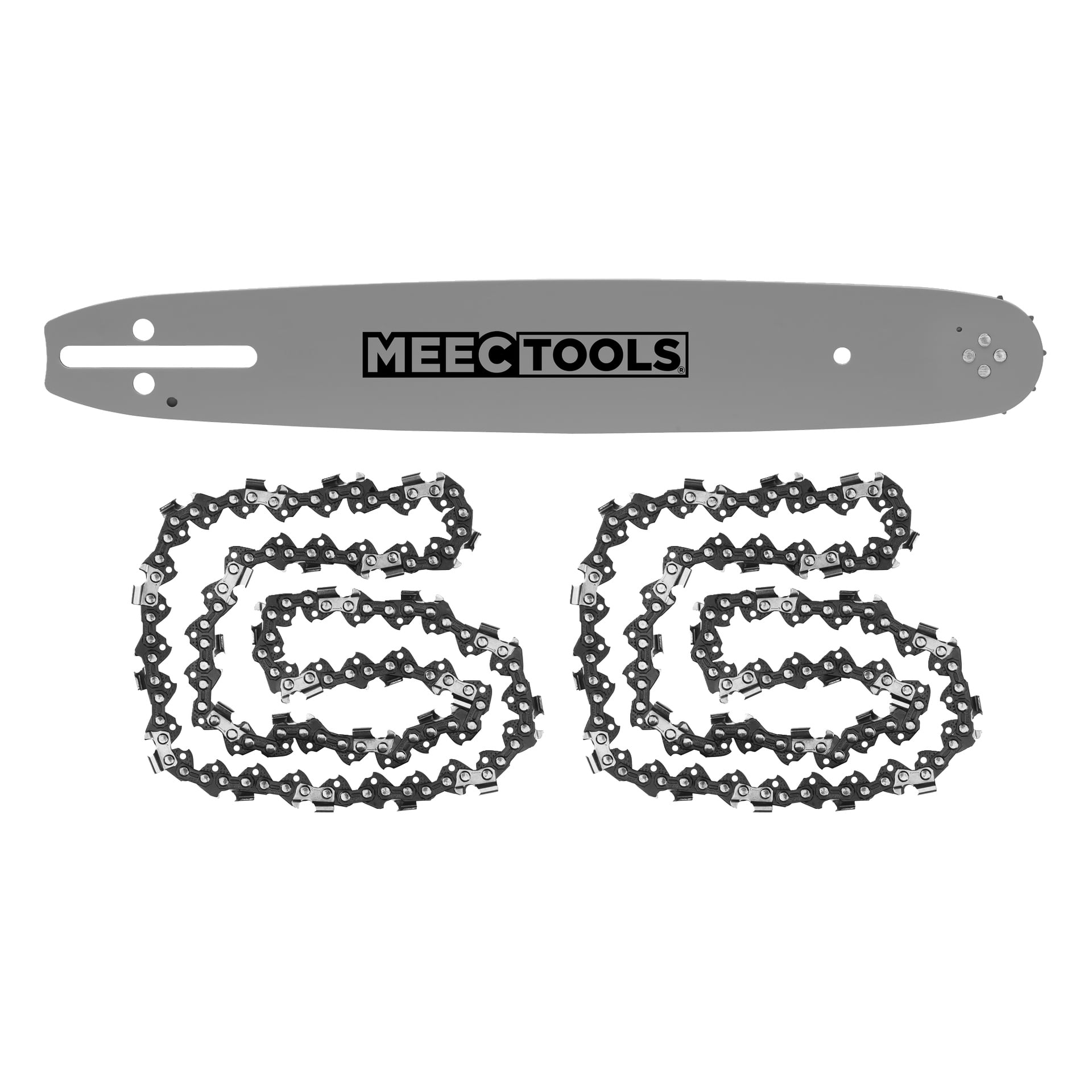 Ett Meec Tools Bar and Saw Chains tredelat set med en märkt stång placerad ovanför två spiralade motorsågskedjor.