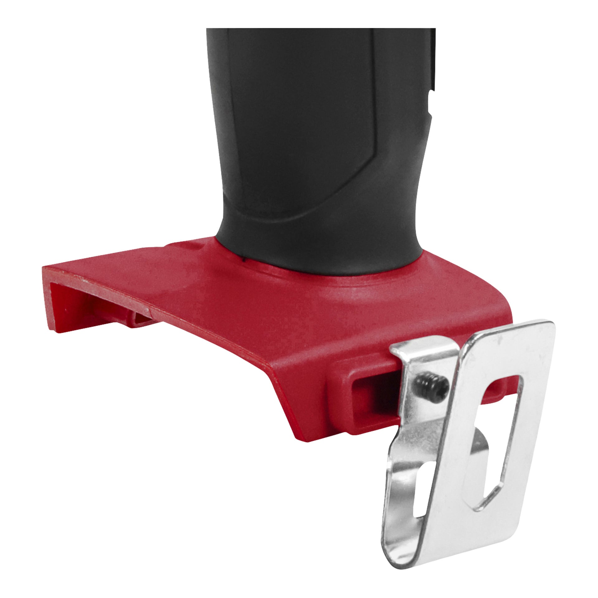 Detalj av Meec Tools Multiseries IW-18V EASY 100 slagnyckelbas med rött hölje, svart handtag och metallfäste på sidan.