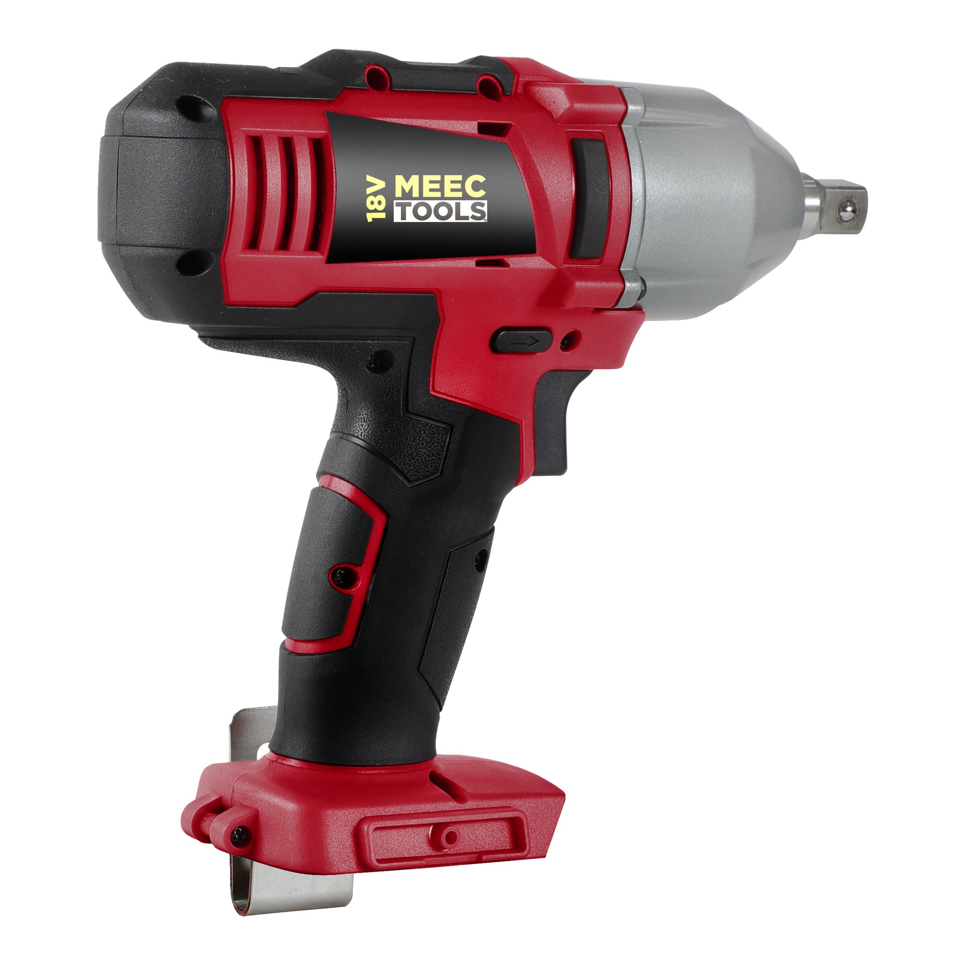 Röd och svart Meec Tools IW-18V EASY 100 batterislagnyckel med grå metallhuvud, avtryckarhandtag och basremsklämma.