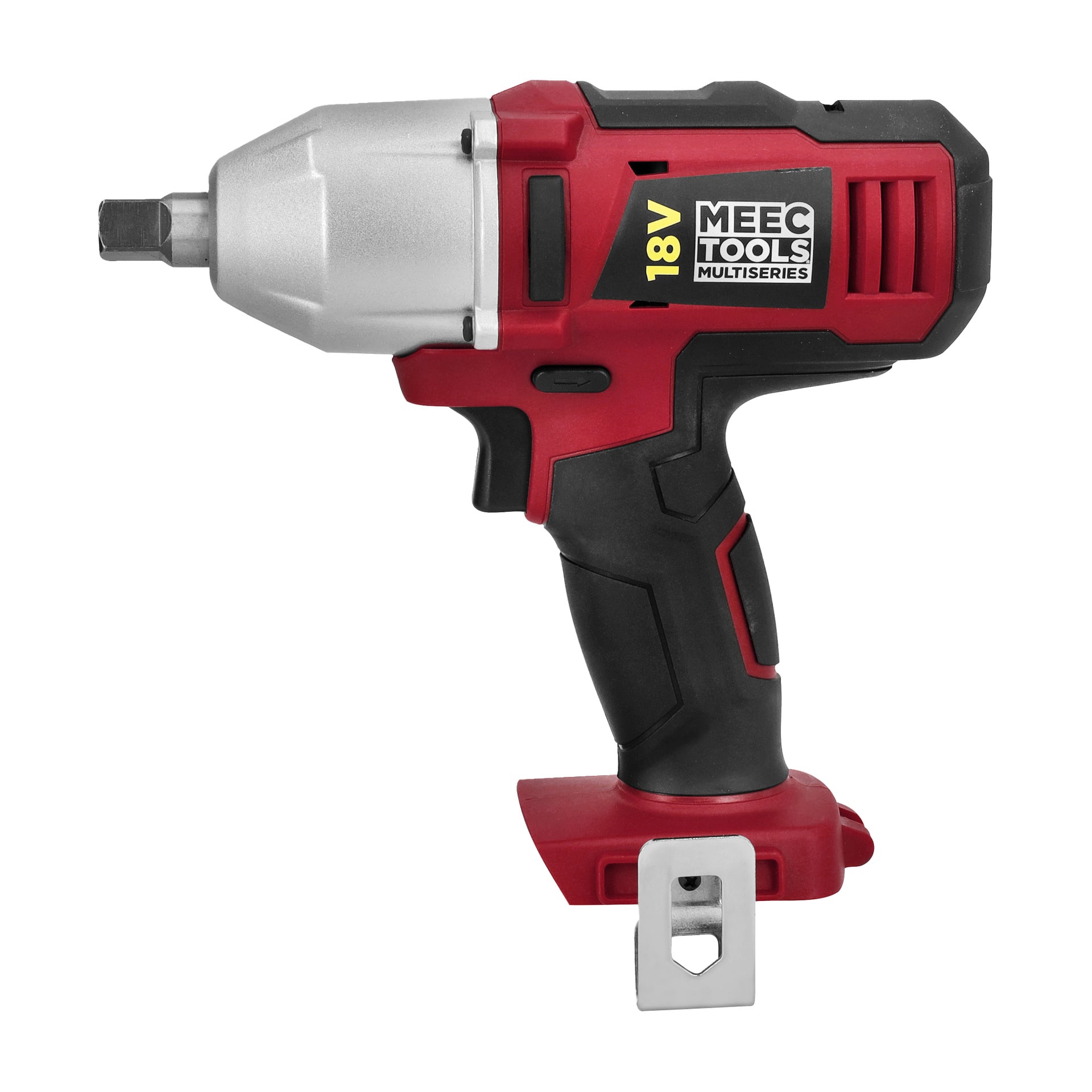 Röd och svart Meec Tools Multiseries IW-18V EASY 100 batterislagnyckel med silverfärgat huvud och bältesklämma på handtagets bas.