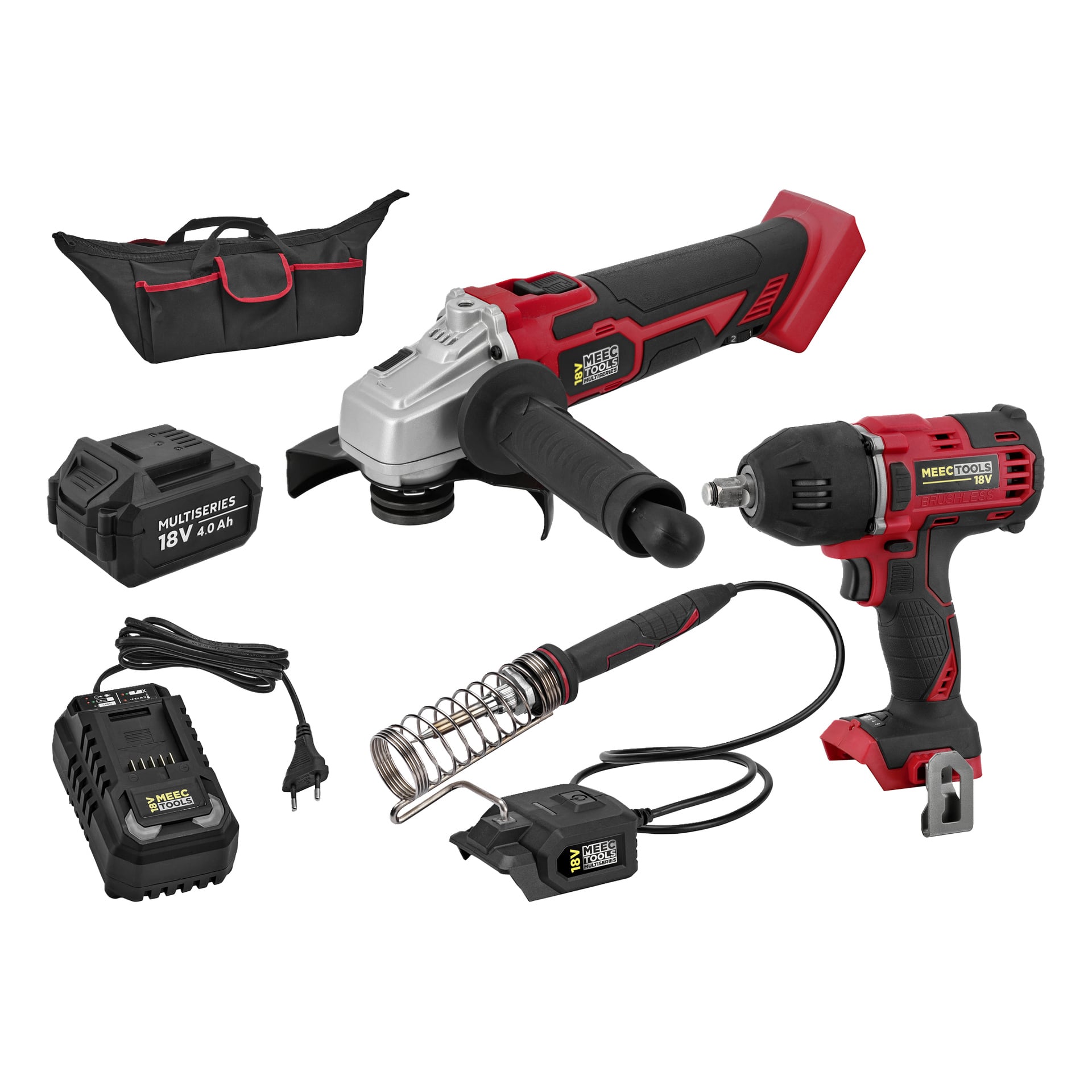 Meec Tools Multiseries garasjepakke inkluderer vinkelsliper, slagrør, loddebolt, batteripakke, lader og bærebag.