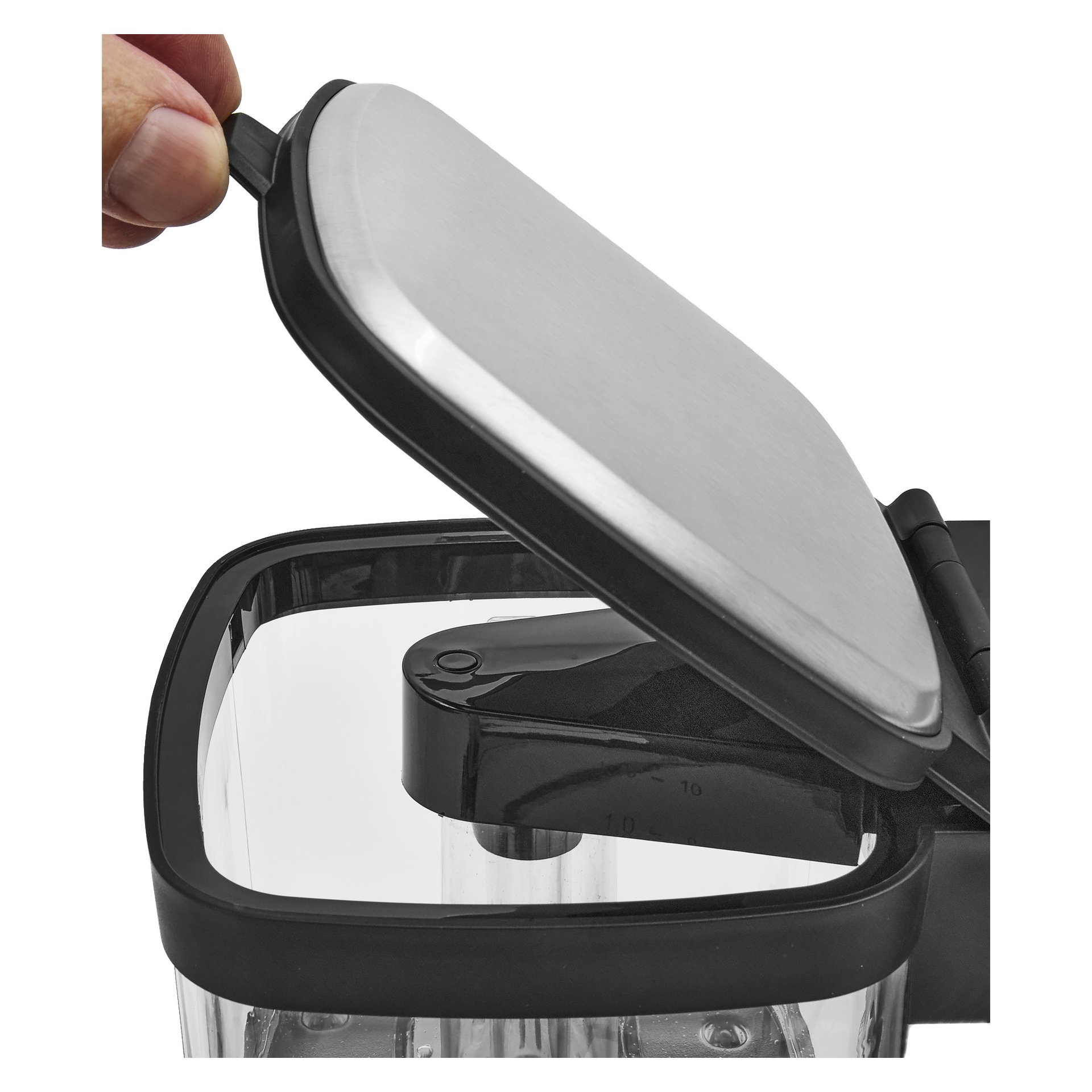 Ręka podnosi stalową pokrywkę ekspresu Bright Coffee Maker, ukazując wnętrze prostokątnego pojemnika.