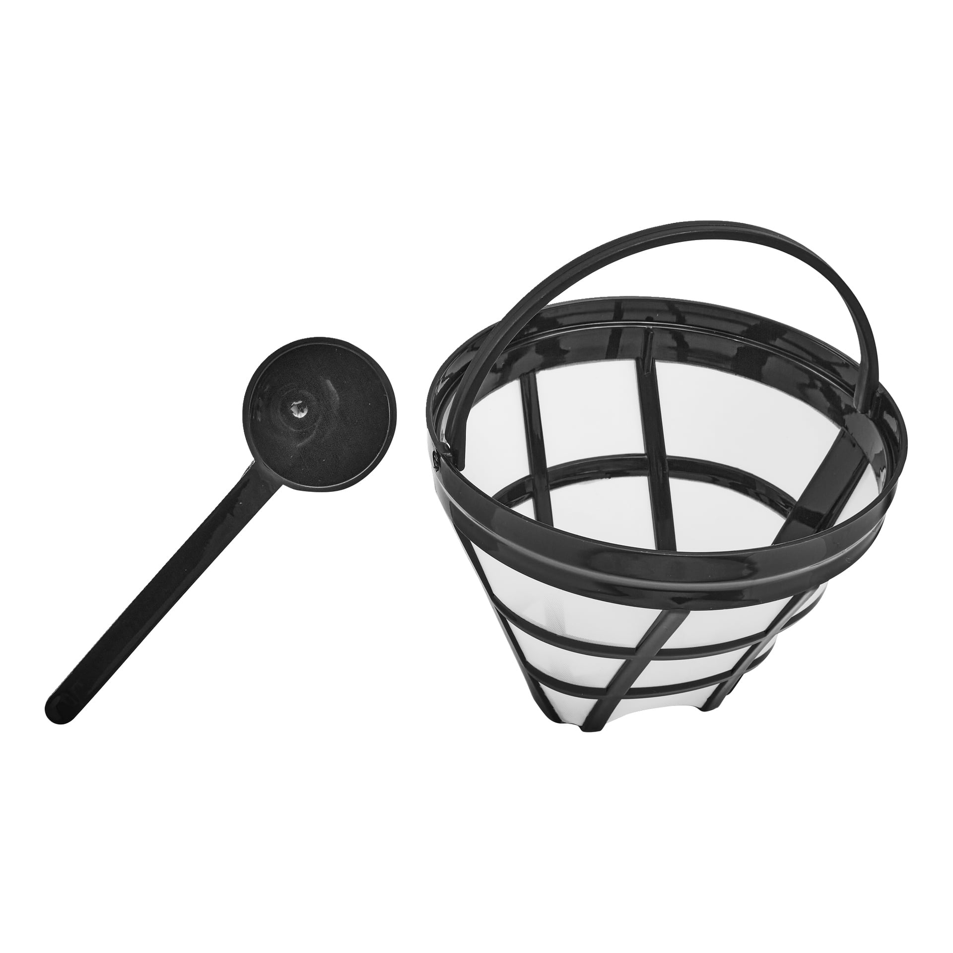 łyżka do kawy stoi obok czarnego, przezroczystego koszyka wielokrotnego użytku z uchwytem od Bright's Coffee Maker.