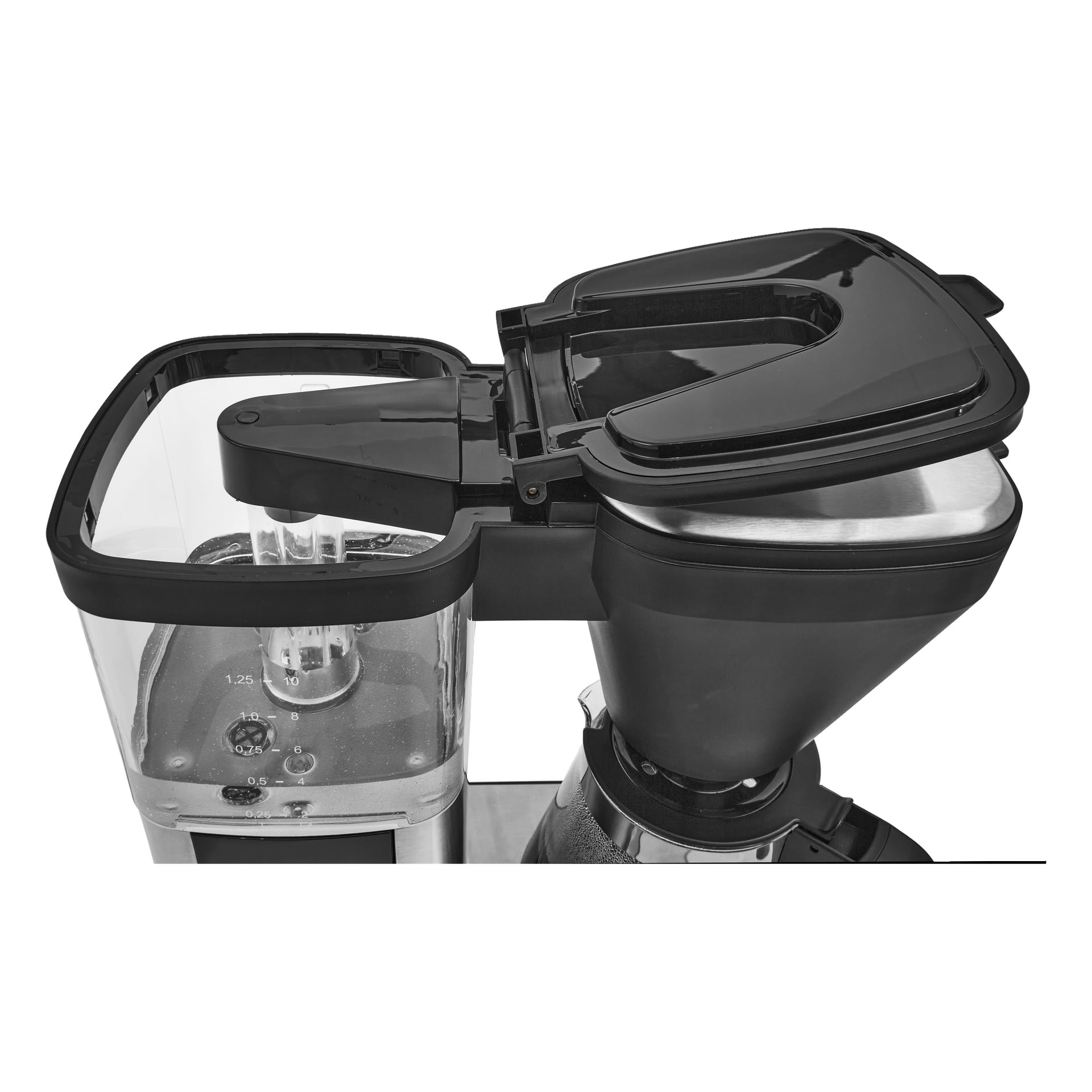 Zbliżenie, z góry na ekspres Bright Coffee Maker z otwartym zbiornikiem na wodę i pokrywkami zasobników ziaren, odsłaniając oznaczenia wodne i części wewnętrzne.