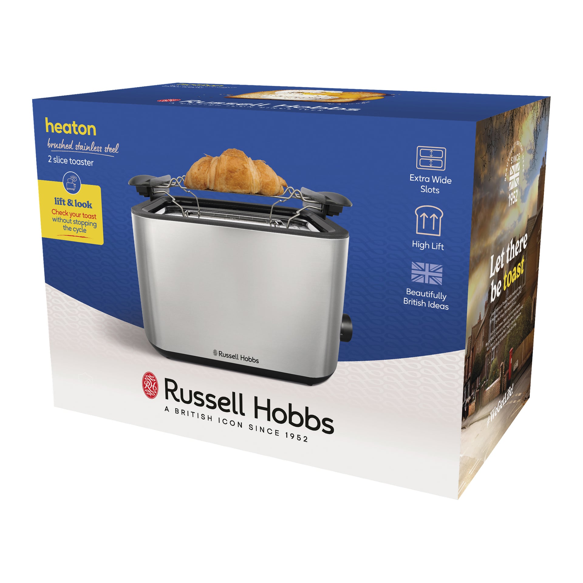 Russell Hobbs Heaton 2-skivors brödrostlåda med produktbild, två croissanter, markerade funktioner, logotyp och varumärke synliga.