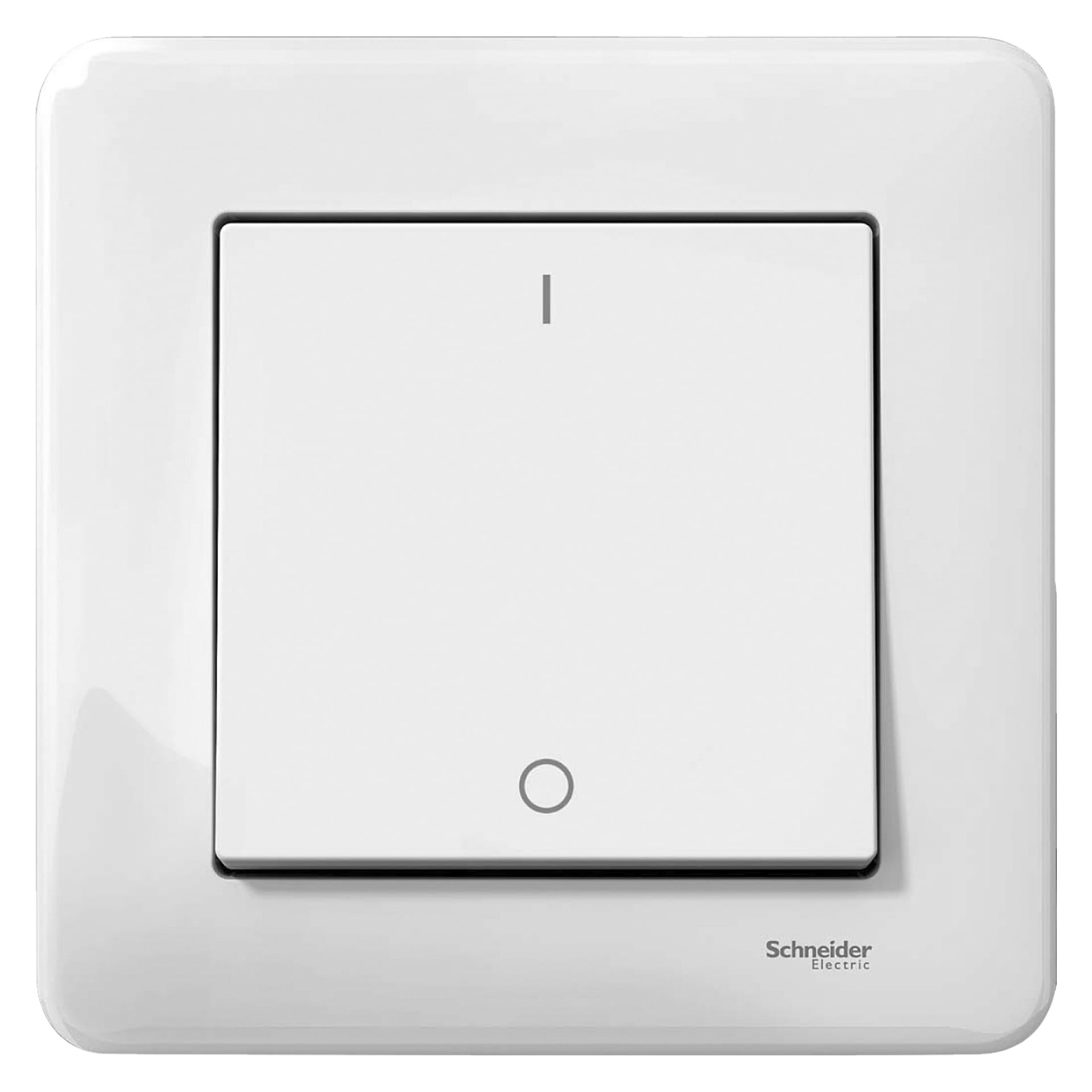 En hvit Exxact Primo vegglysbryter fra Schneider Electric, kjennetegnet ved sin firkantede form, enkelt vippeknapp, et lite sirkulært merke rett over nederste kant i midten, og Schneider Electric-logoen plassert nederst til høyre.