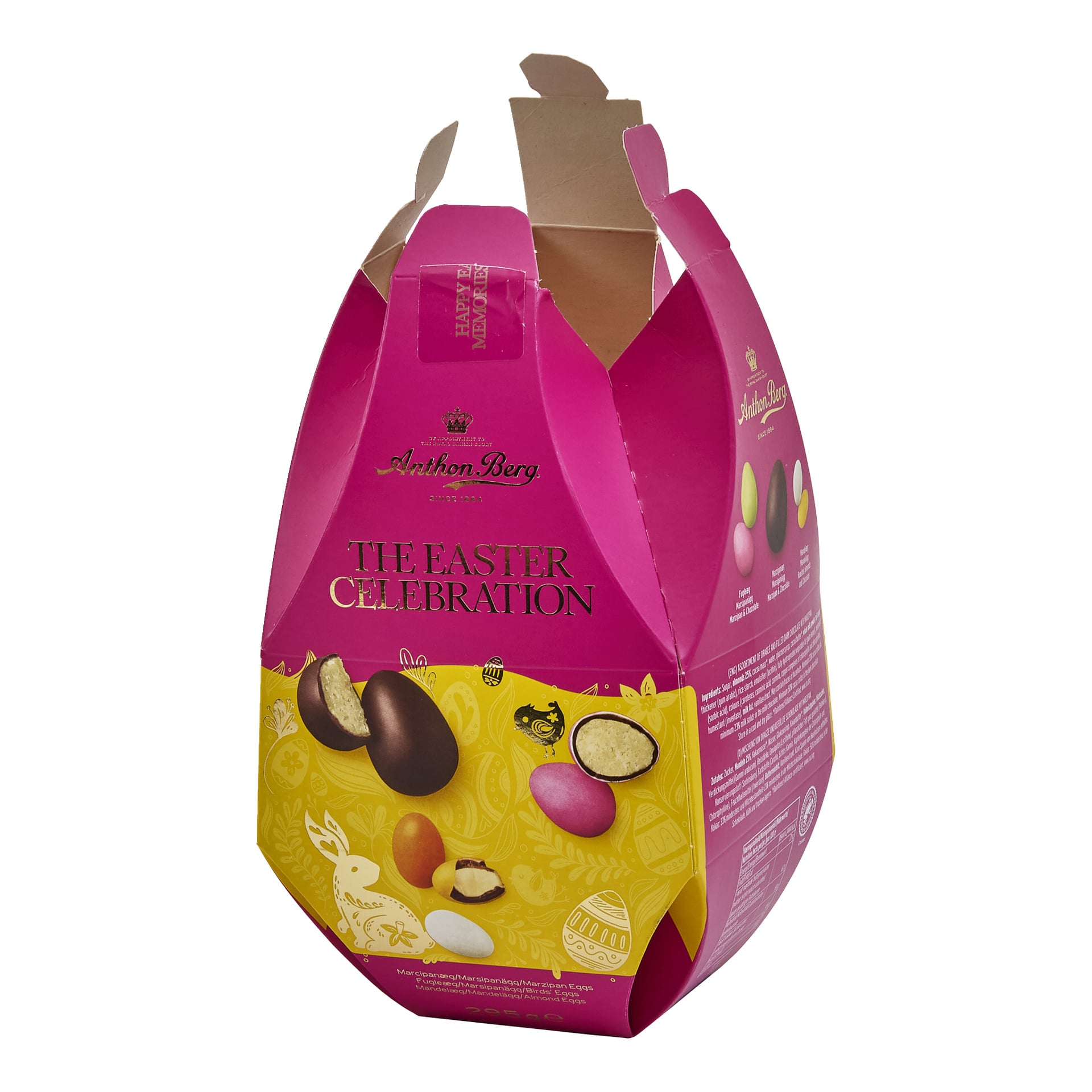En åpen rosa og gul Anthon Berg påskefeiringsboks viser sjokoladeegg med ulike kjerner og festlige design.