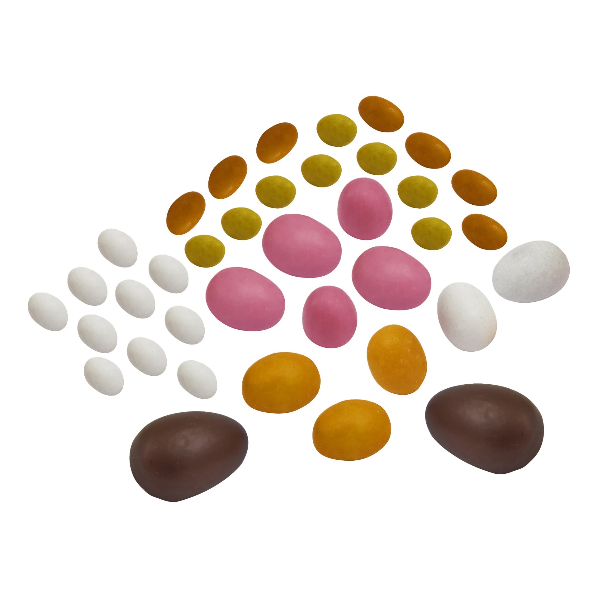 Anthon Berg påskefeiring viser ulike sjokoladeegg i hvitt, rosa, gult, oransje og brunt arrangert geometrisk.