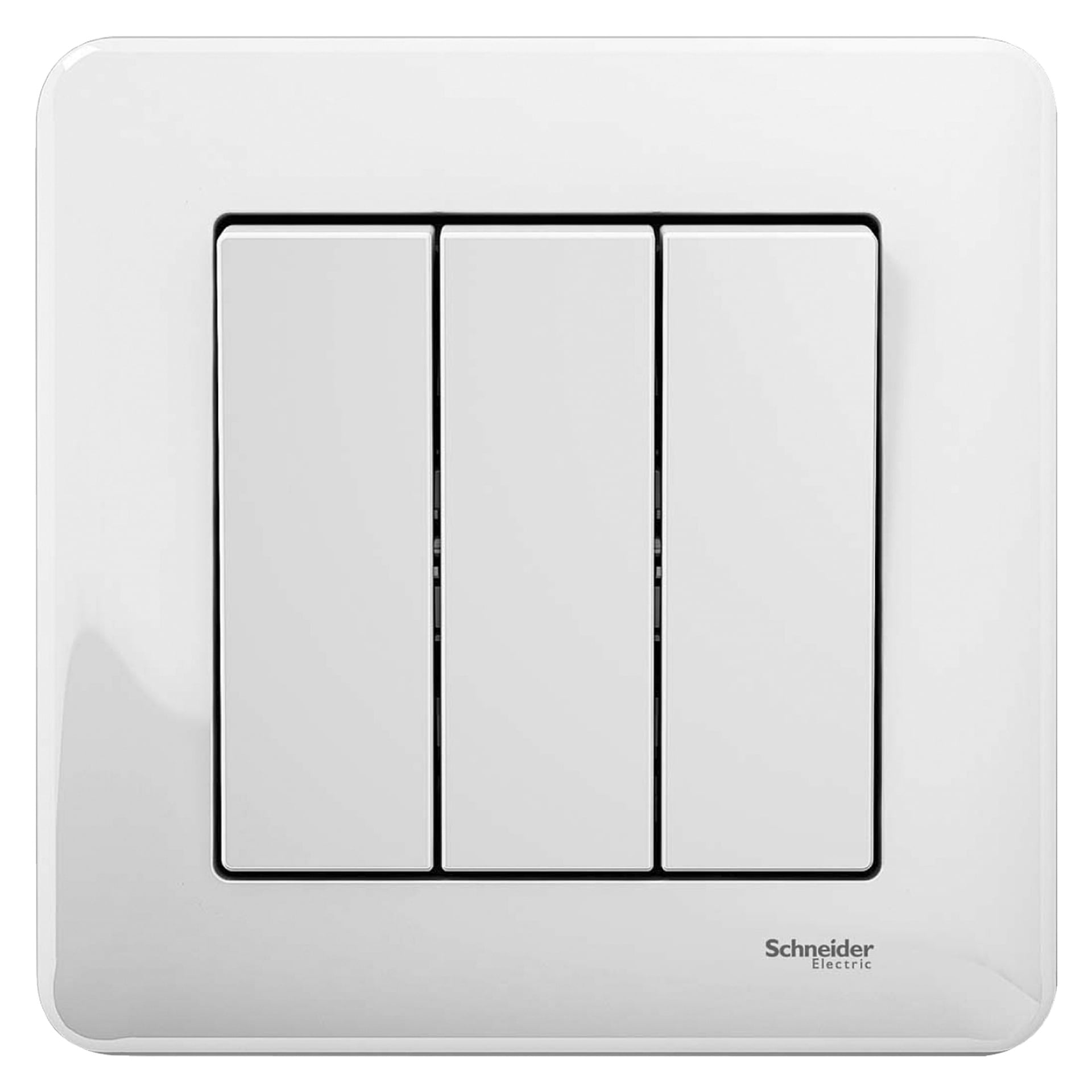 Schneider Electric Exxact Primo -kolmoisvalokatkaisija, jossa on kolme suorakaiteen muotoista painiketta kiiltävällä neliömäisellä levyllä, ja Schneider Electricin logo on oikeassa alakulmassa.