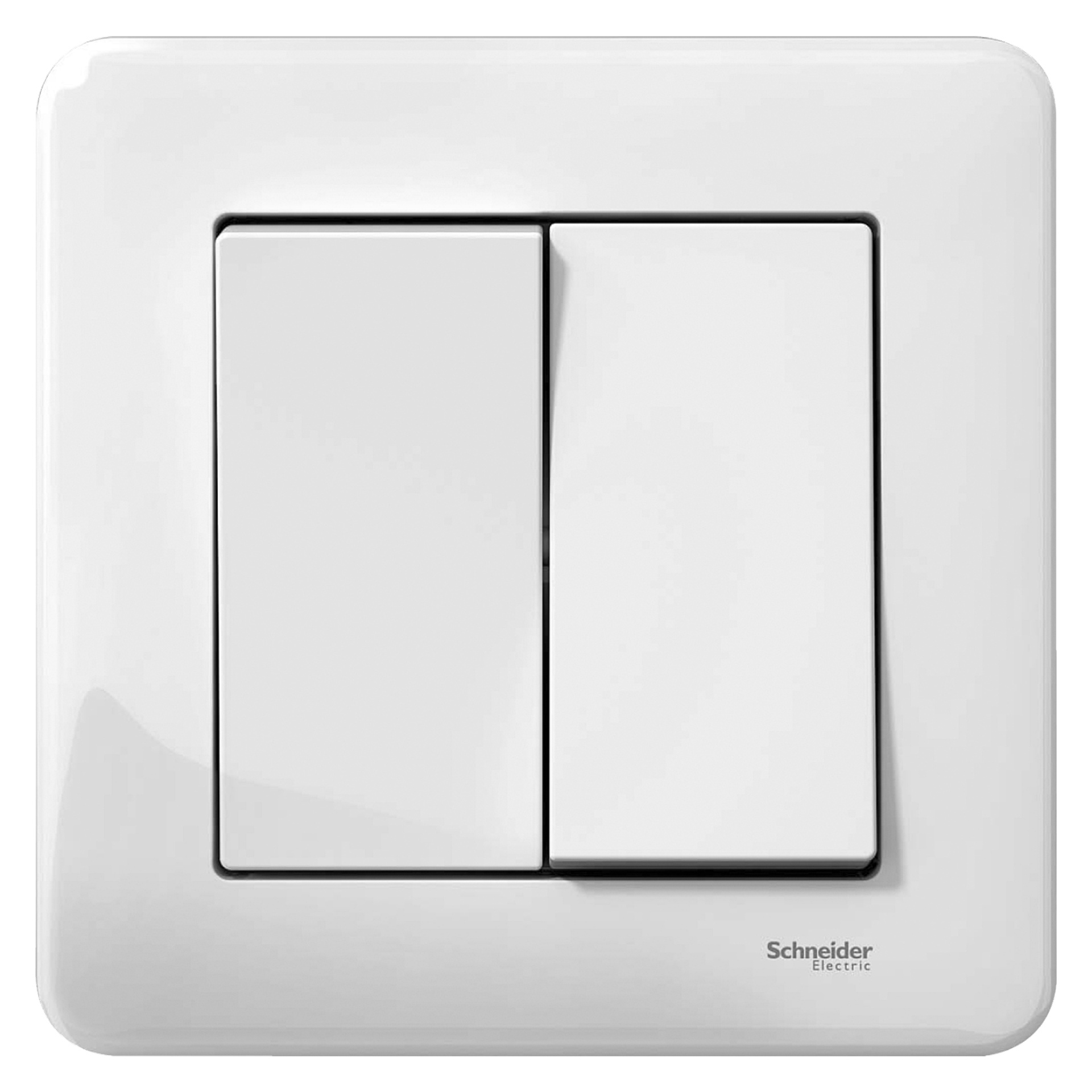 En Schneider Electric Exxact Primo strømbryter med en skinnende hvit overflate og to brytere, montert på en firkantet plate med merkenavnet nederst til høyre.