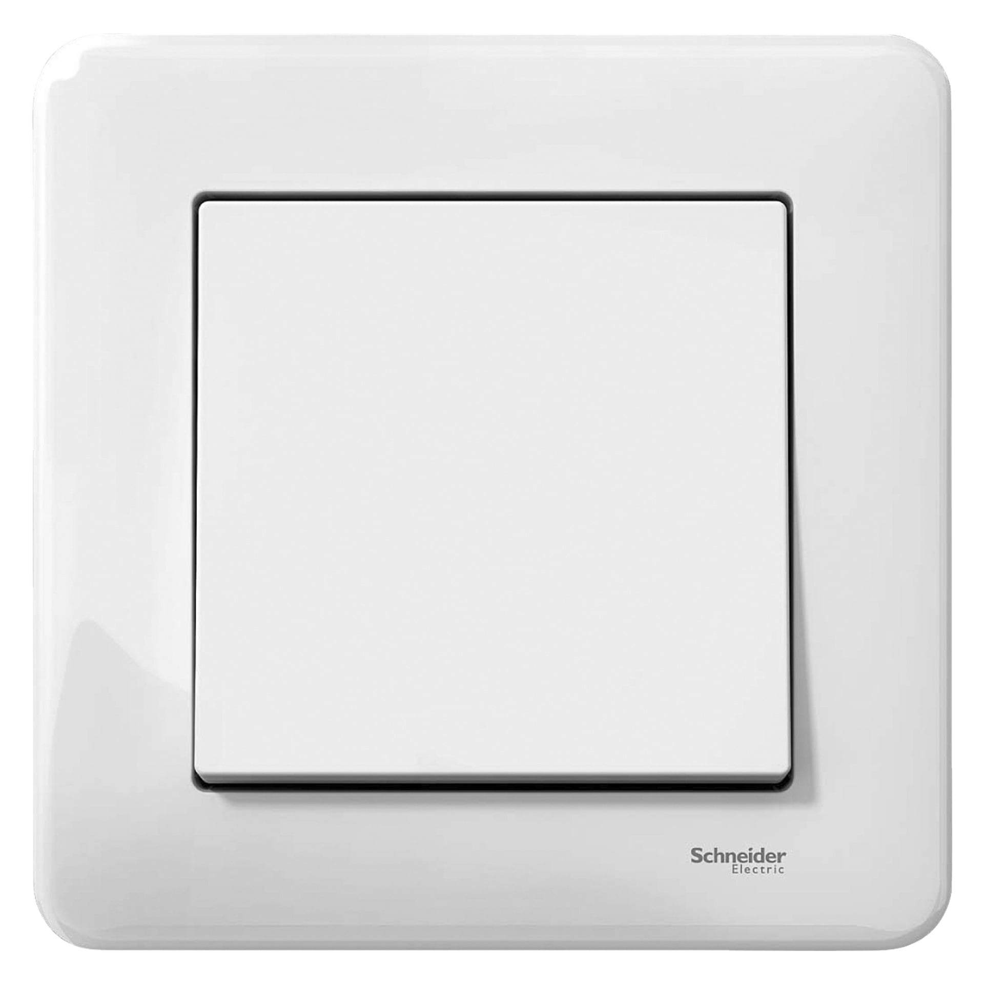 En hvit, firkantet Exxact Primo-lysbryter fra Schneider Electric med en litt forhøyet sentralknapp plassert i en blank ramme. Schneider Electric-logoen vises nederst til høyre i bildet.