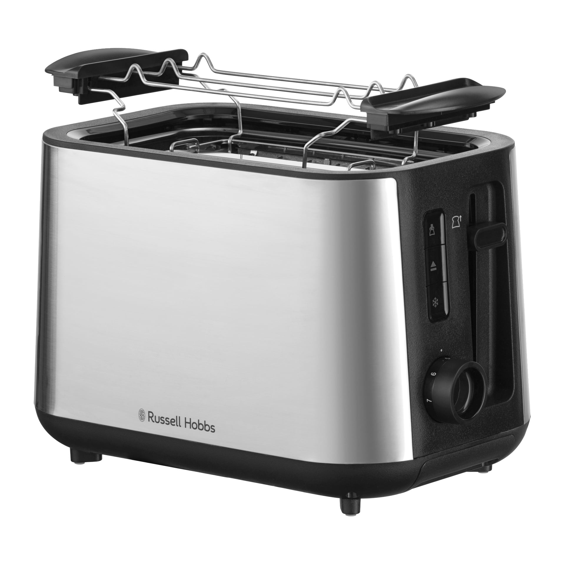 Russell Hobbs Heaton brödrost med rostfri stålkropp, två spår, övre värmeställning och sidopanel med knappar och ratt.