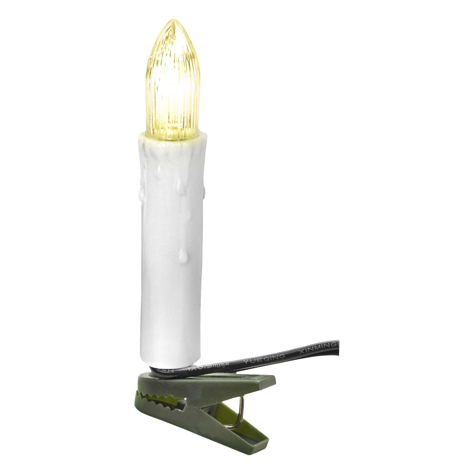 En vit, flamlös LED-lampa formad med en gul lysande spets sitter på en svart tråd, hålls fast av en grön plastklämma.