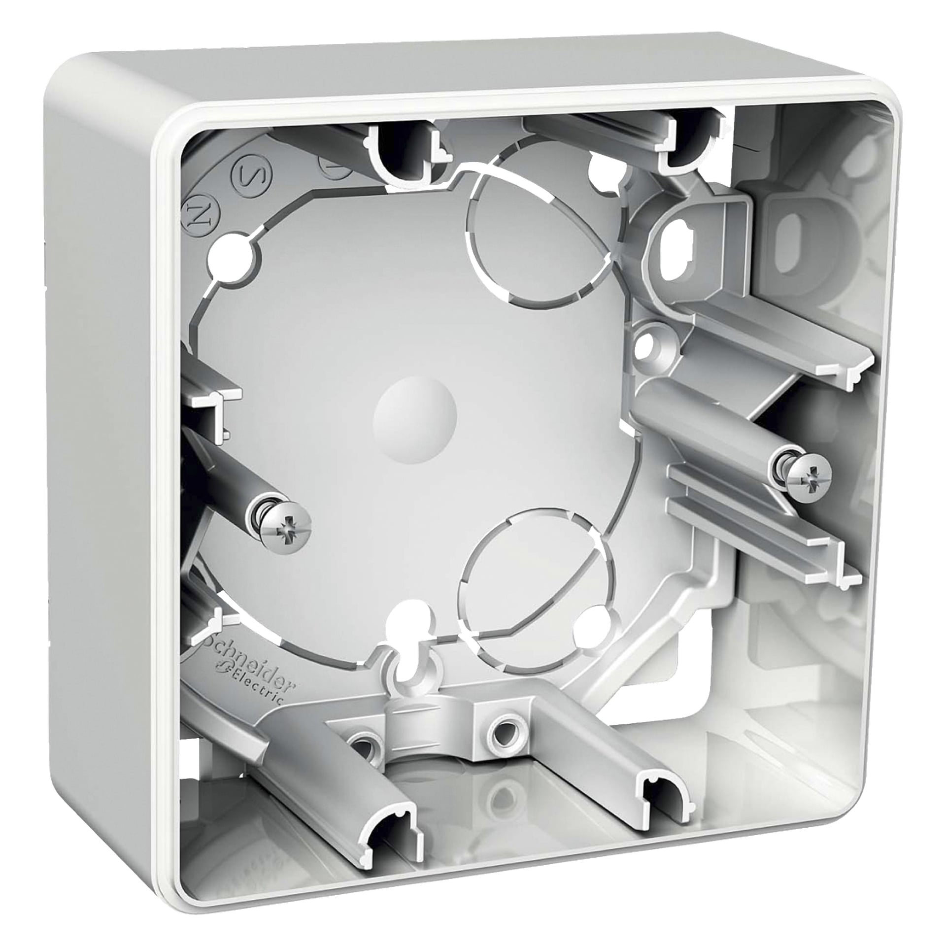 Eine Nahaufnahme einer ungenutzten weißen Schneider Electric Exxact Primo Pattress-Box, die ihre Montagelöcher, Schrauben und Kabelzugangsöffnungen zeigt. Die Box ist unmontiert und das Schneider-Electric-Logo ist deutlich zu sehen.